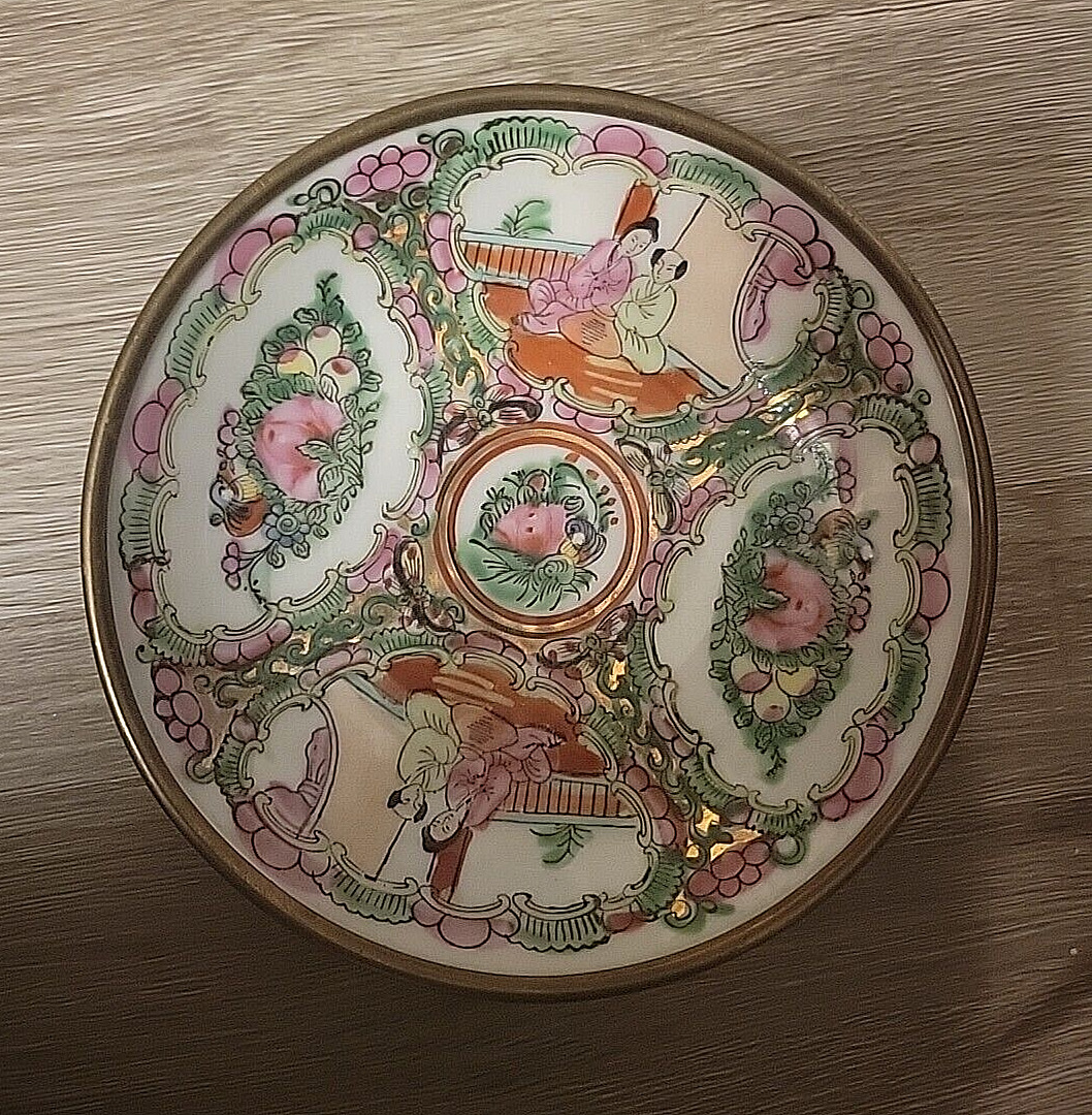 Vtg Chinoiserie Asian, Pink, Green, Red Brass Backed Bowl 6” Dia x  1 3/8”T