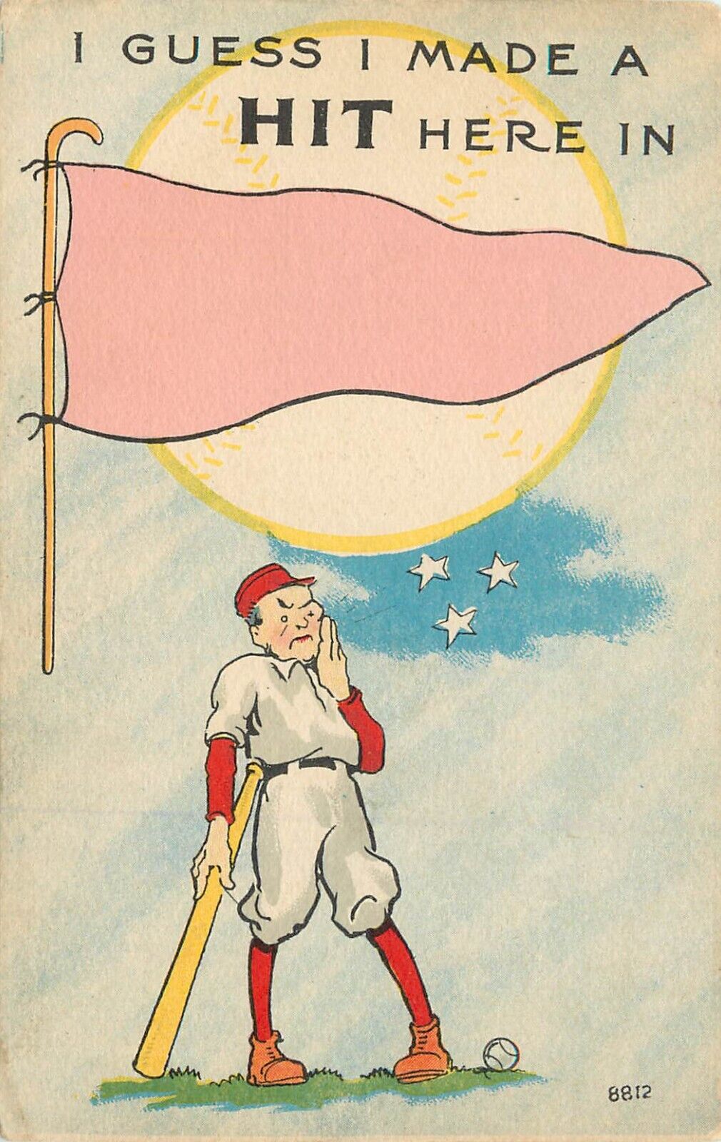 c1913 Postcard Baseball Player I Guess I Made a Hit Here in... Blank Flag 8812