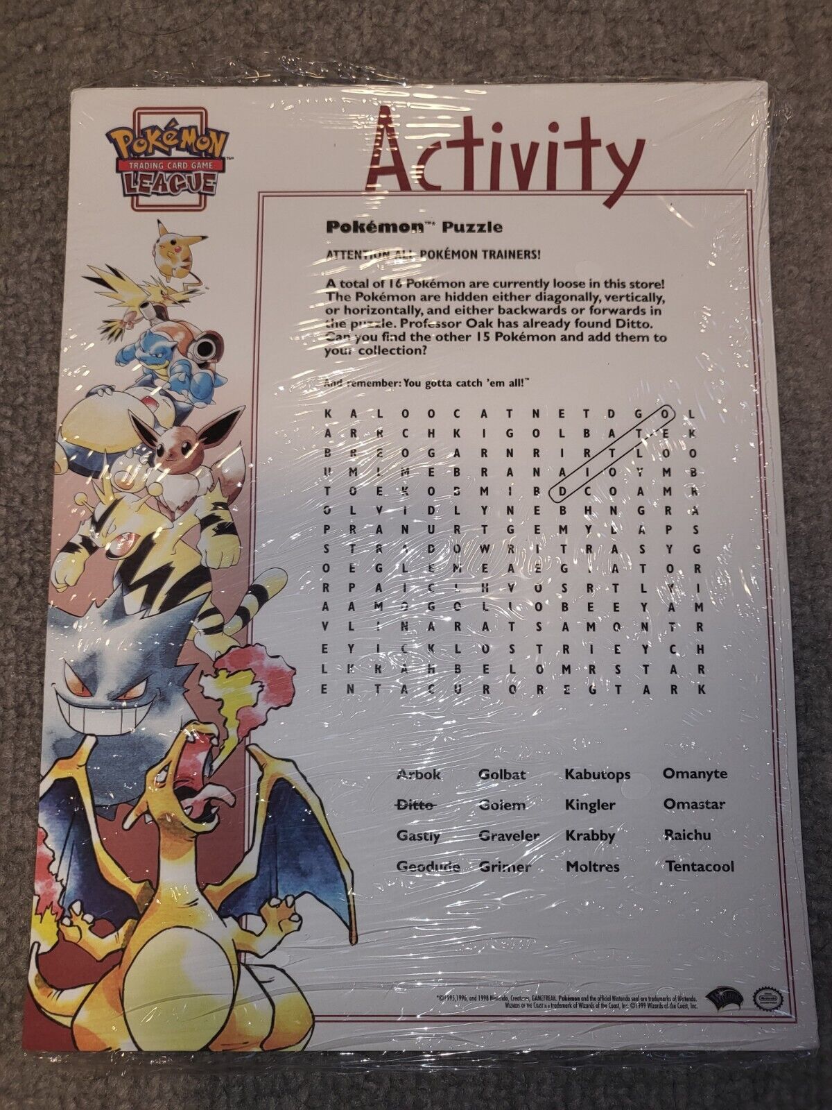 VTG Pokemon Trading Card Game League ACTIVITY SHEET 1999 TCG WoTC Kids Coloring
