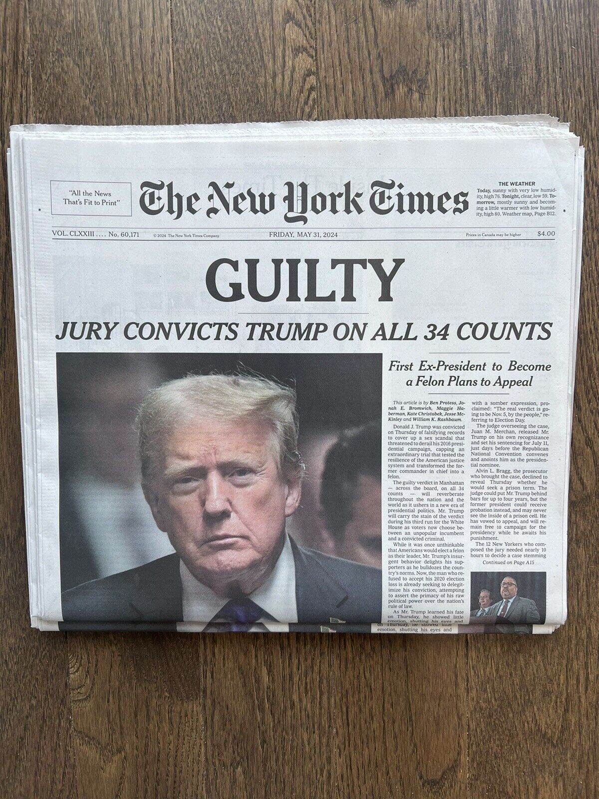 MAY 31, 2024 NY TIMES DONALD TRUMP GUILTY JURY CONVICTS 34 COUNTS *MINT & UNREAD