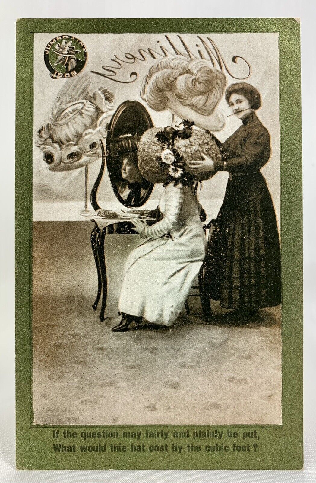 Jumbo Lids 1909 | Milliner Adjusting Exaggerated Hat| Widow Comic Humor Postcard