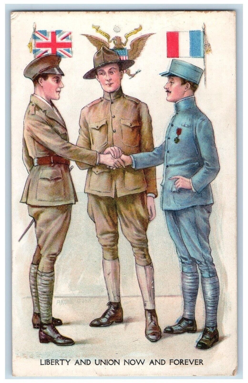 c1910's Military Soldier Liberty And Union Flags WWI Wall Antique Postcard