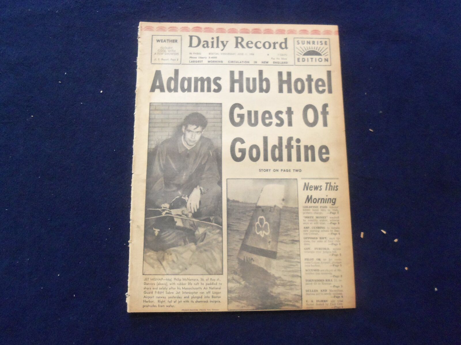 1958 JUNE 11 BOSTON RECORD AMERICAN NEWSPAPER-ADAMS GOLDFINE HOTEL GUEST NP 6274