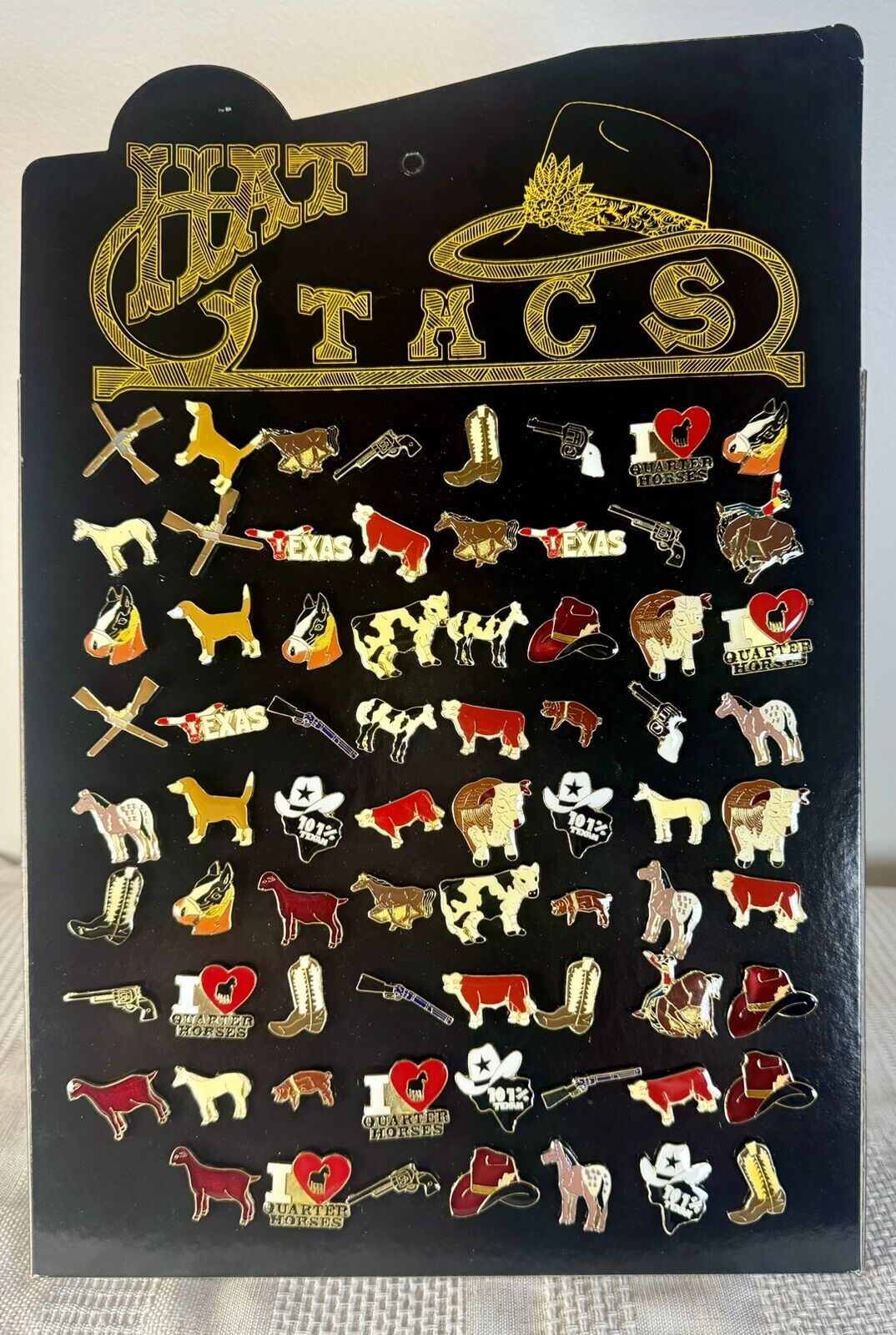 New Old Stock Board of 71 western/Texas/horse hat pins/tacs