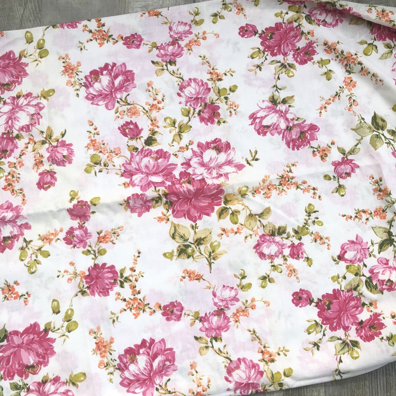 Vintage Pink Roses No Iron Muslin Twin Flat Sheet Shabby Cottagecore Country