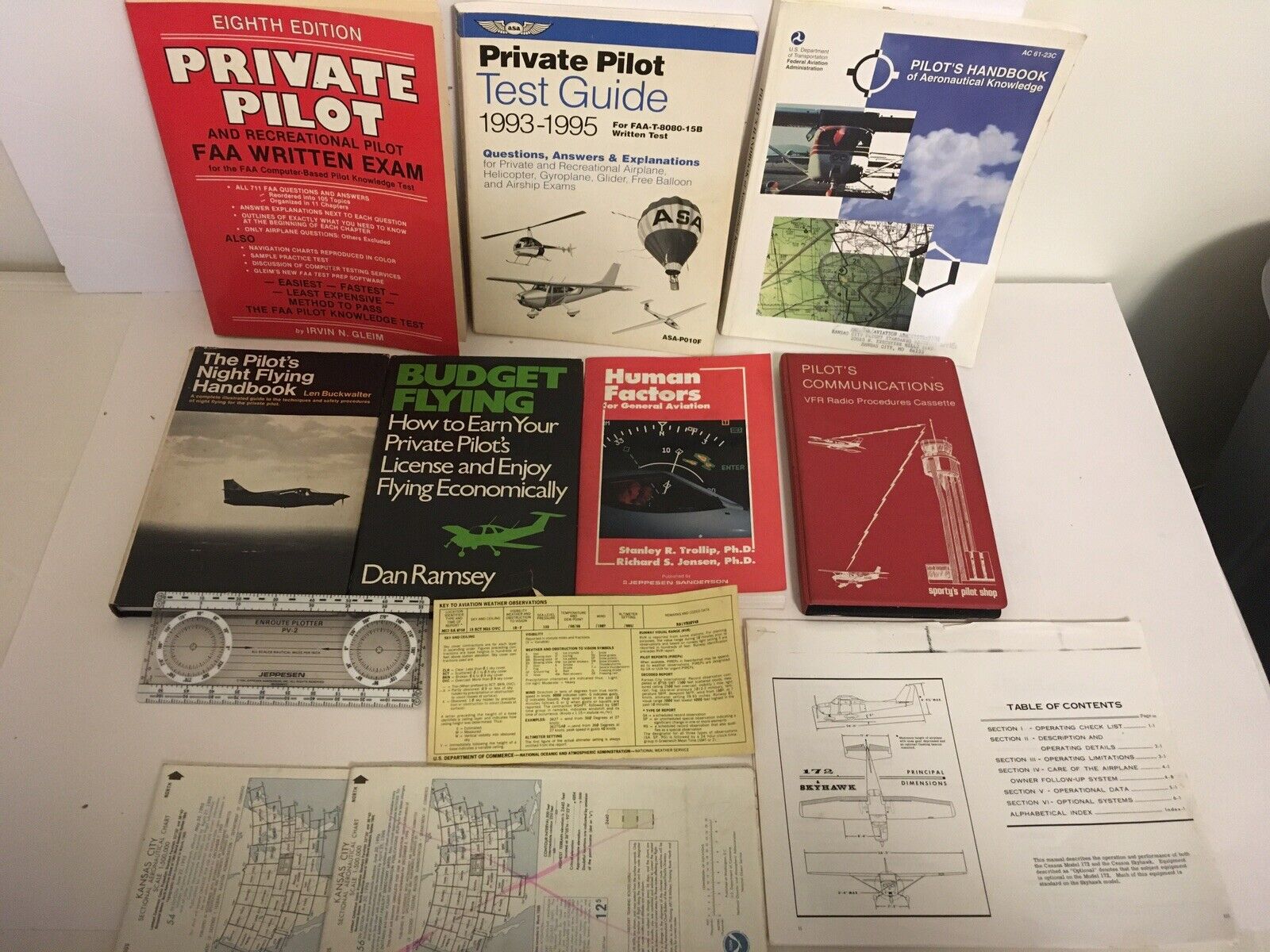 Lot Of Pilot/Aviation Handbooks/Books, Plotter, Sporty’s Cassette, KC Maps, Etc.