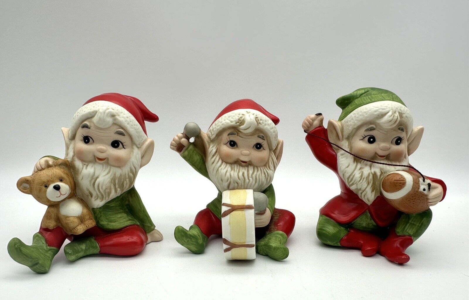 3 Vintage Homco Porcelain Elf Figurines Making Presents #5618