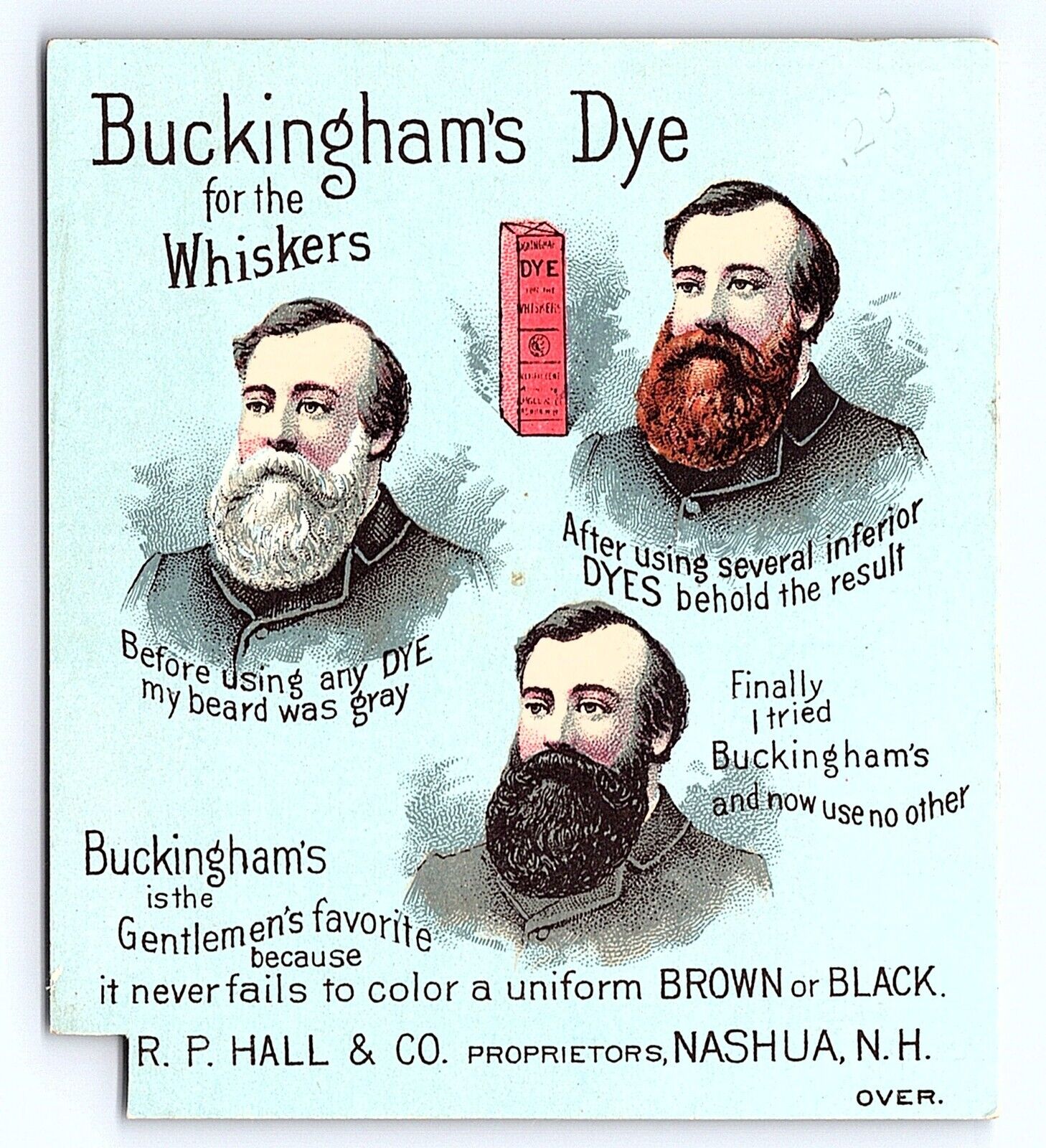 Victorian Trade Card Buckingham's Dye Whiskers Beards Nashua New Hampshire NH