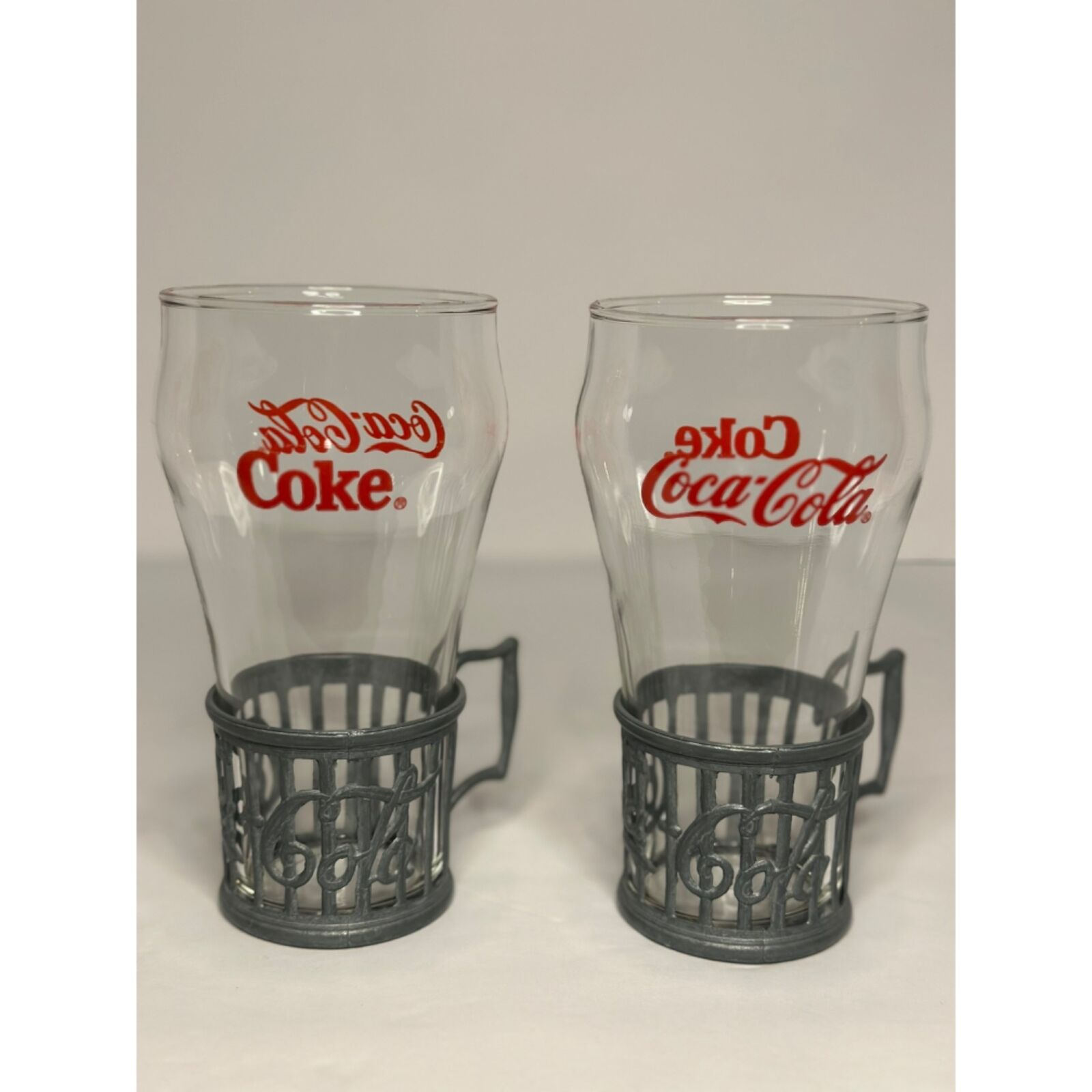 VTG 1985 Coca Cola Coke Glasses with Pewter Holder Set of 2 Retro Style Red