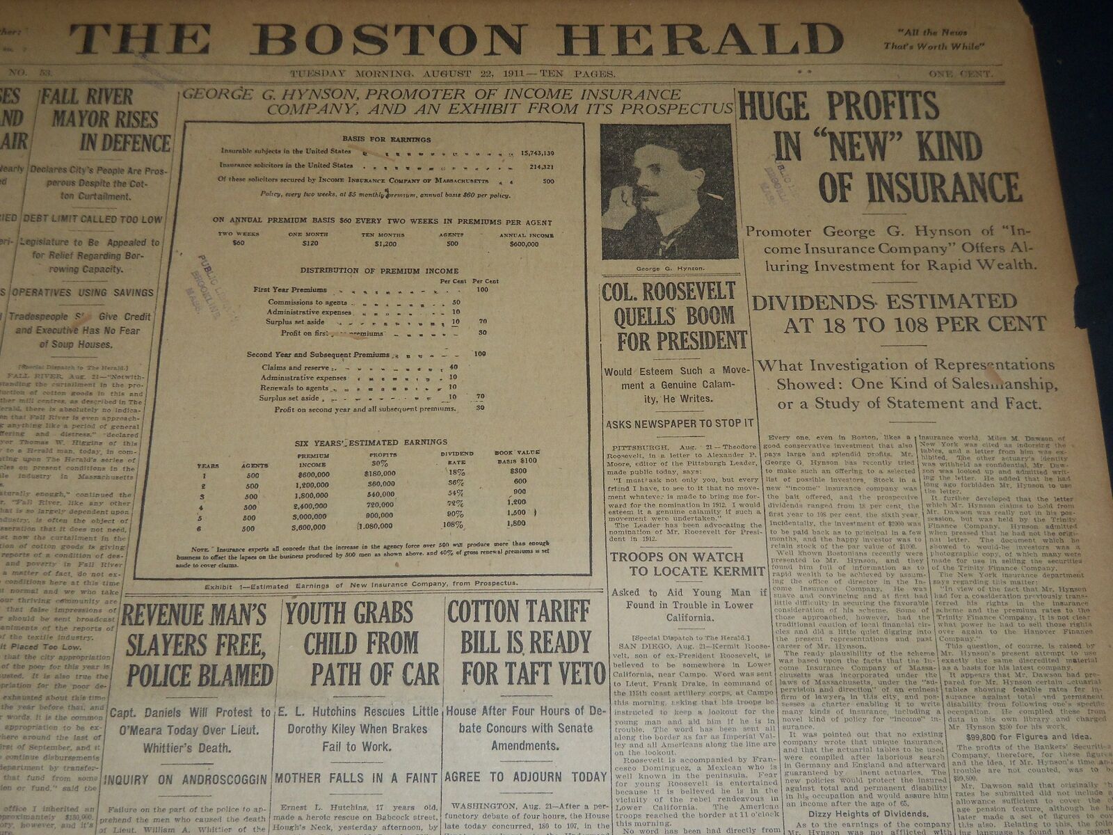 1911 AUGUST 22 THE BOSTON HERALD - HUGE PROFITS IN NEW KIND OF INSURANCE- BH 311