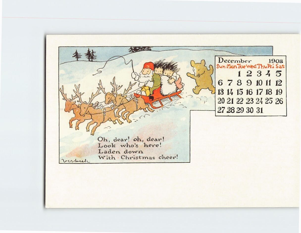 Postcard December 1908 Calendar Santa Sledding Scene Art Print