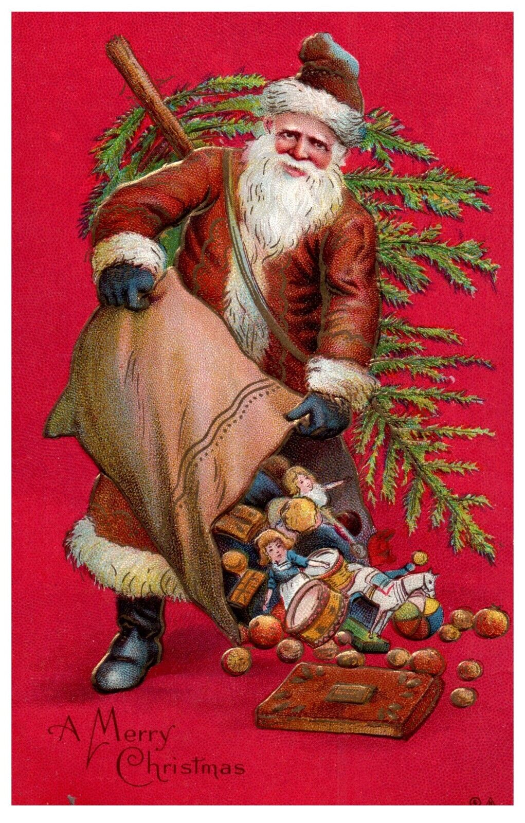 Postcard 1918 Embossed Gilded Merry Christmas Santa Clause Empties Sack Of Toys