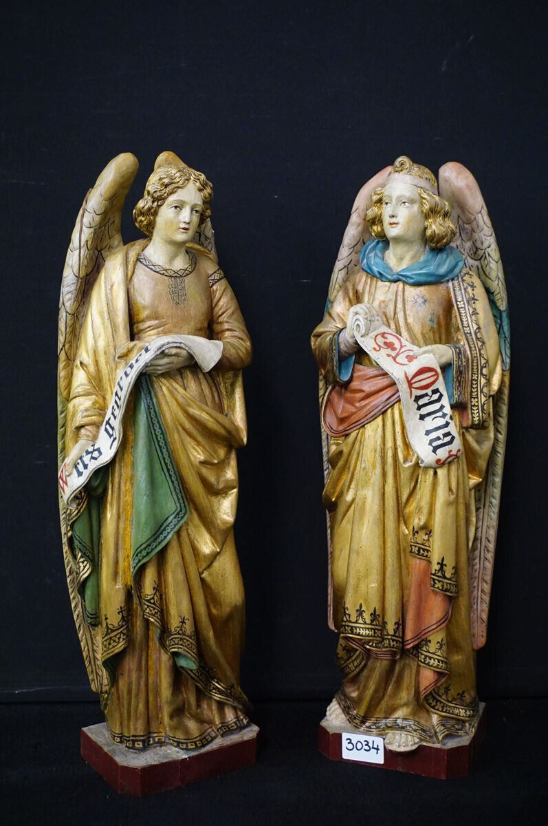 Antique 19thc LArge Wood carved polychrome angel statue church religious rare