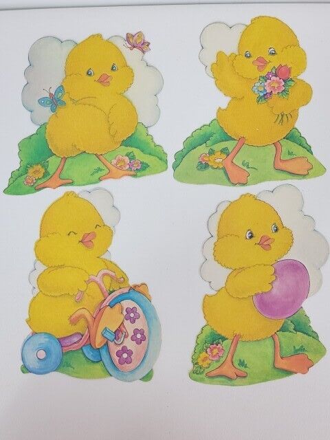 Vintage Easter fuzzy flocked baby chick Die Cut Decorations Lot Of 4