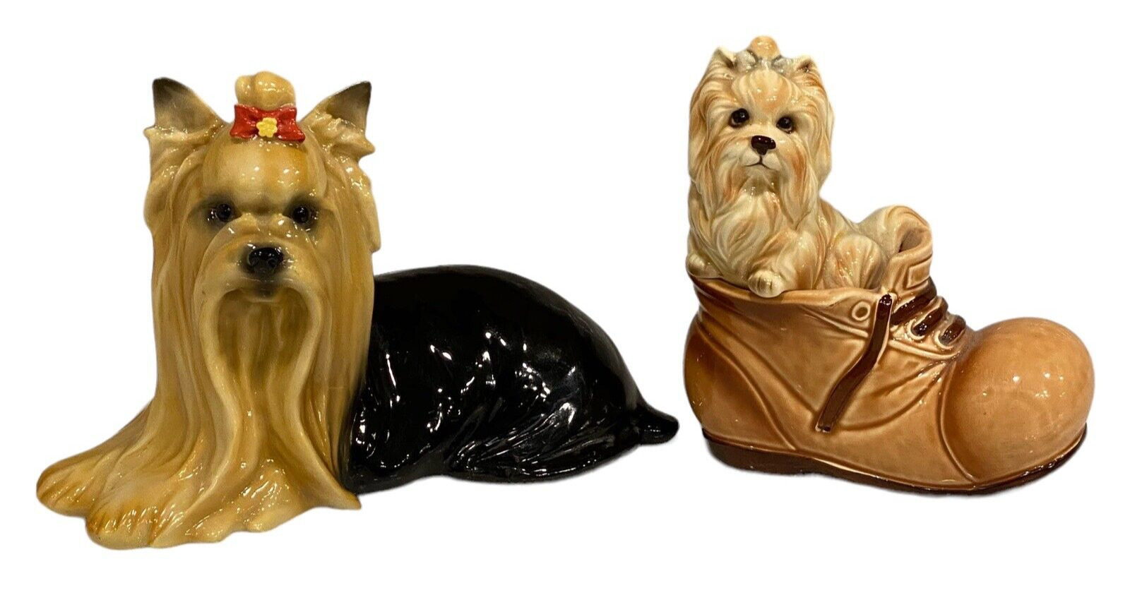 Yorkie Yorkshire Terrier Figurines Ceramic Boot & Resin Relaxed Dog Set Read