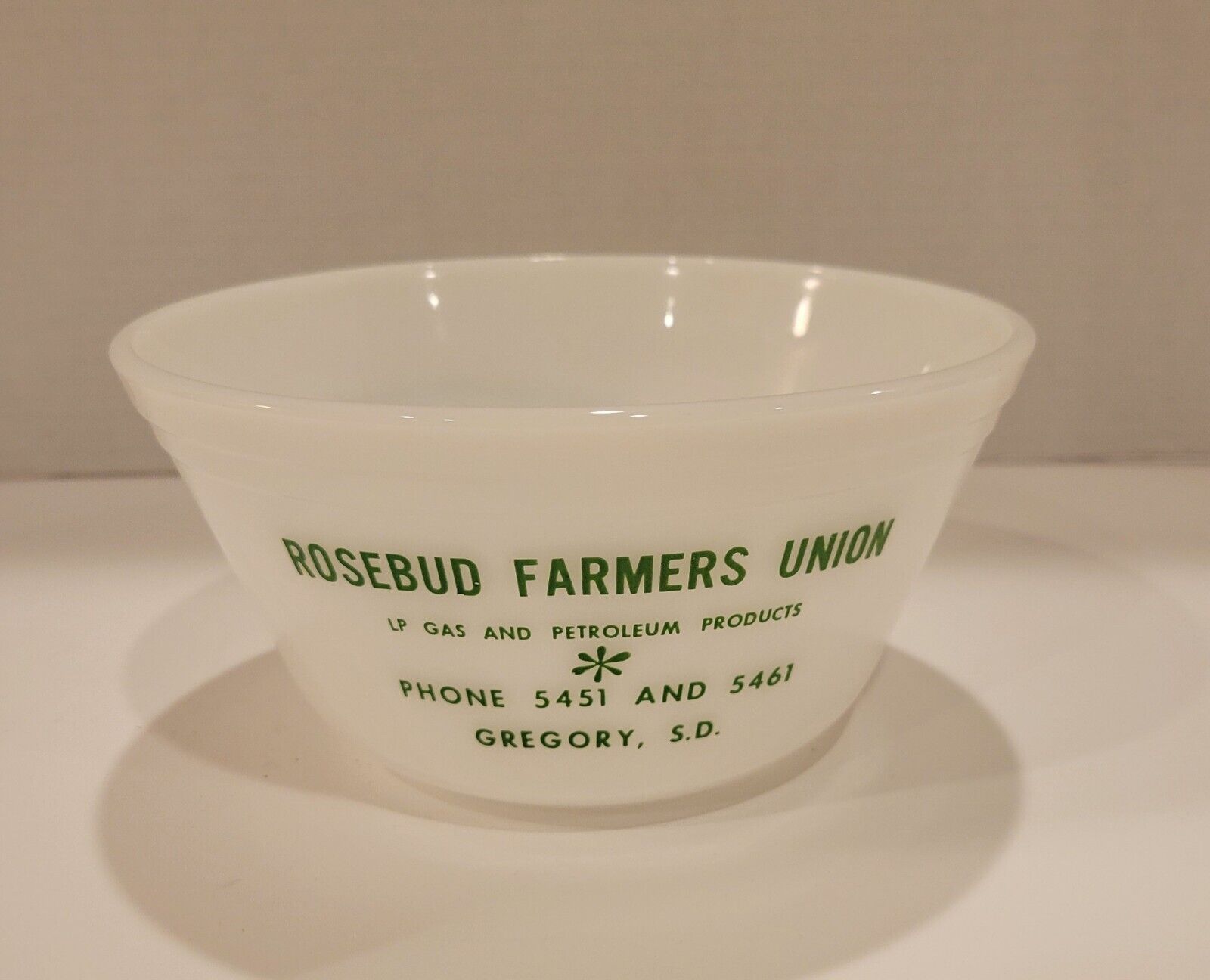 Rare Vintage Milk Glass Advertising Bowl Rosebud Farmers Union Gregory, SD