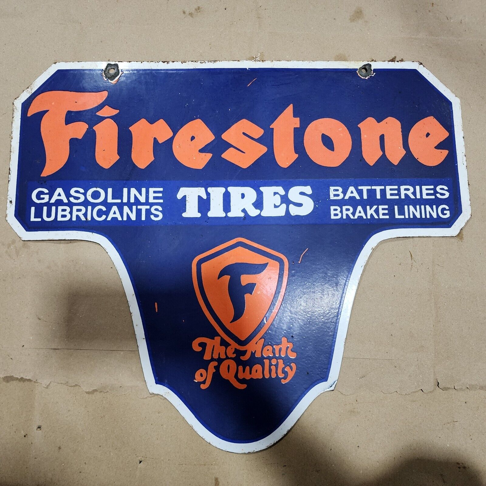 FIRESTONE TIRES 2-SIDED PORCELAIN ENAMEL SIGN 24 X 20 INCHES
