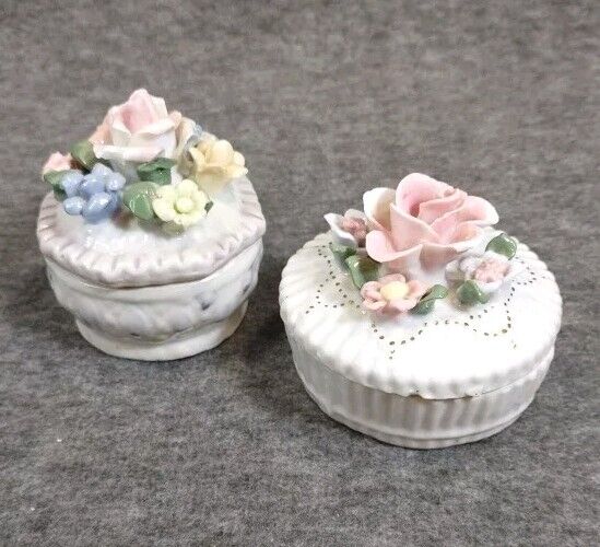 Vintage White Porcelain Trinket Boxes Pastel Art floral Set 2 With Lids Roses 