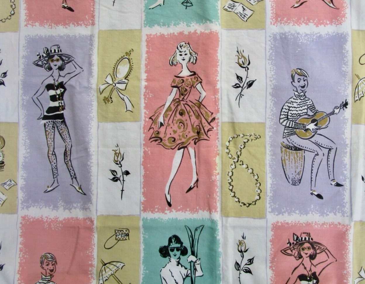 2 yards vintage 1950-60s teenager fabric cotton novelty figural MCM atomic, READ