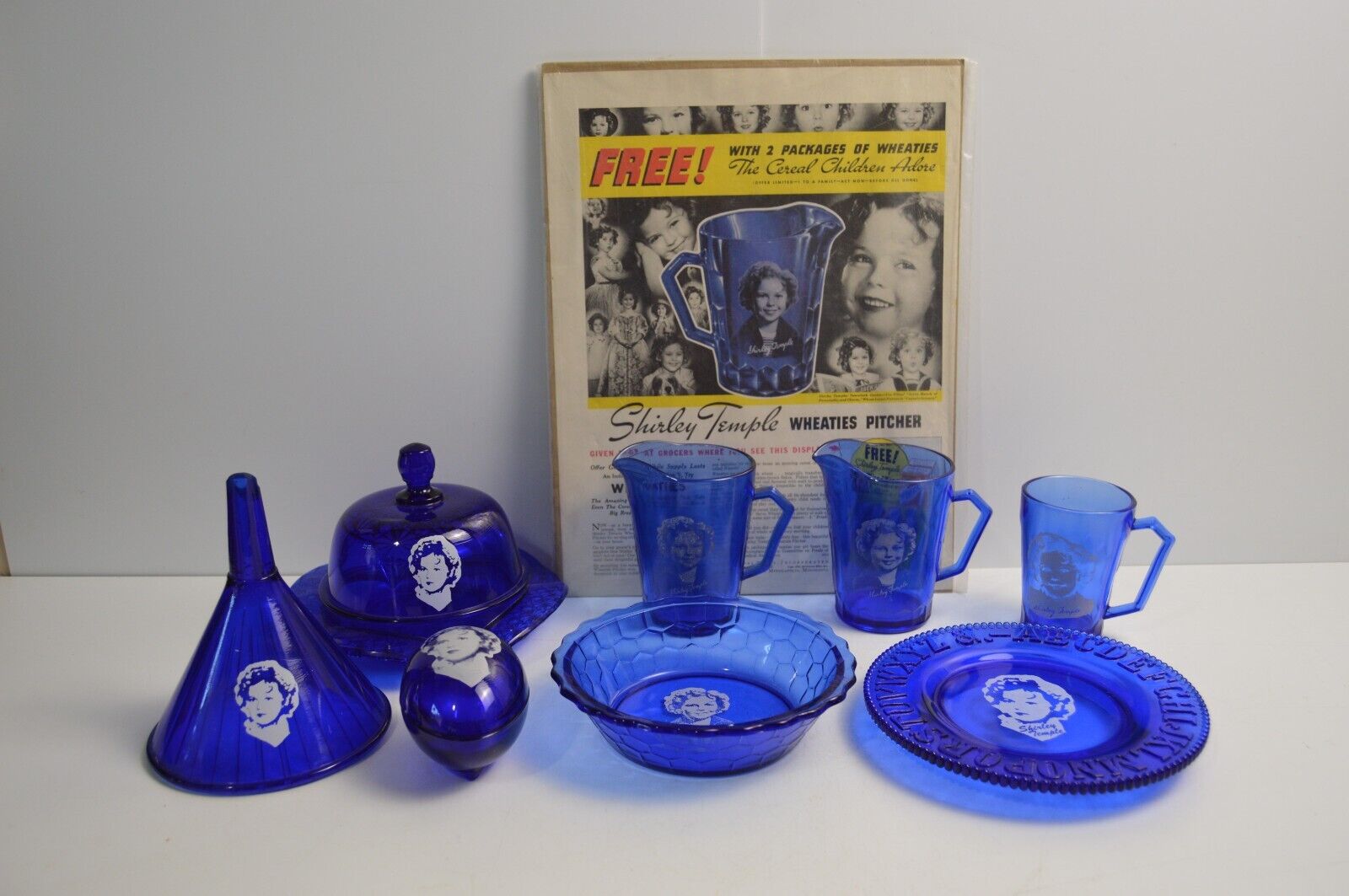 Vintage Shirley Temple Glassware Cobalt Blue & Ad 1930's Westmoreland Kitchen