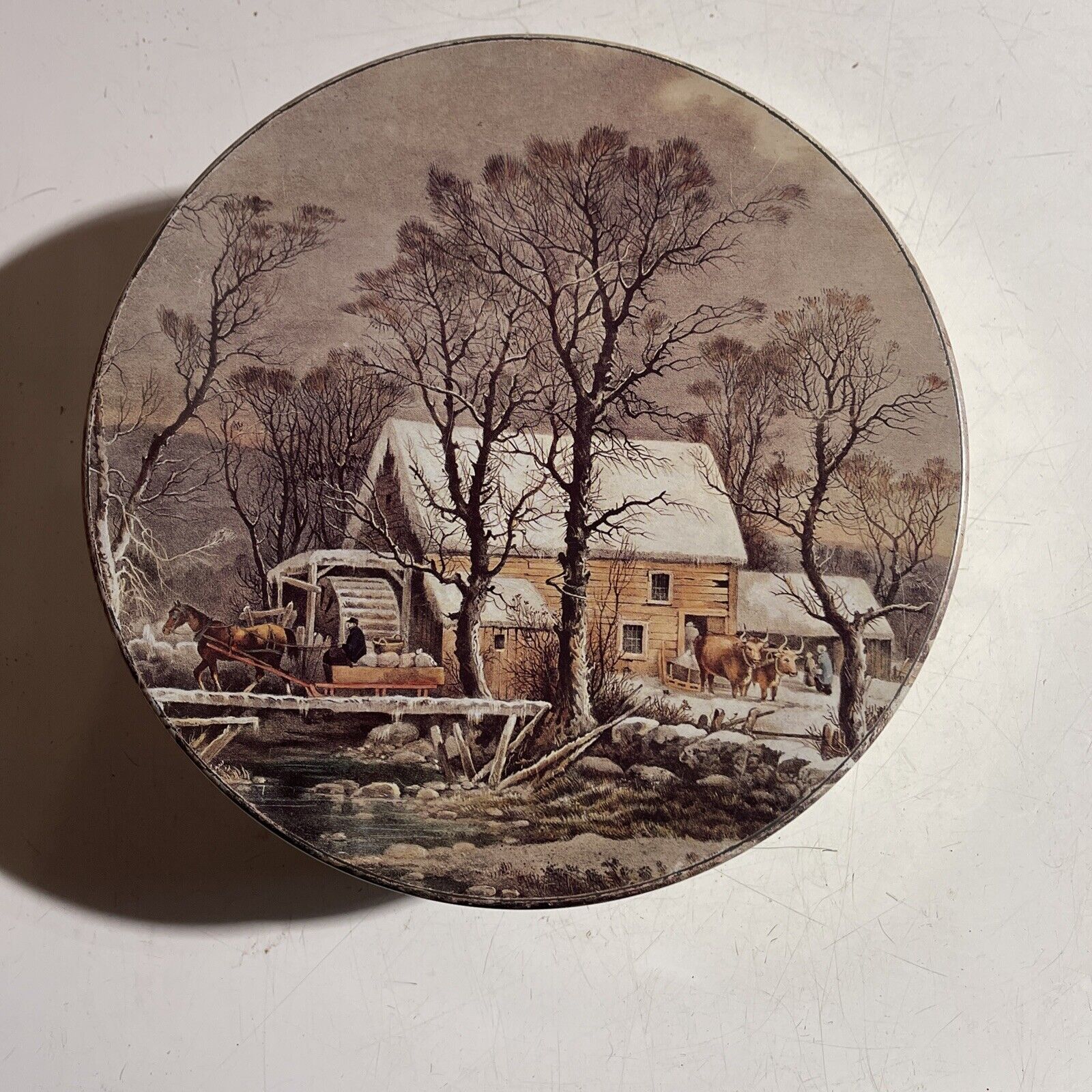 Vintage Currier & Ives Round Biscuit Tin Water Mill Winter 