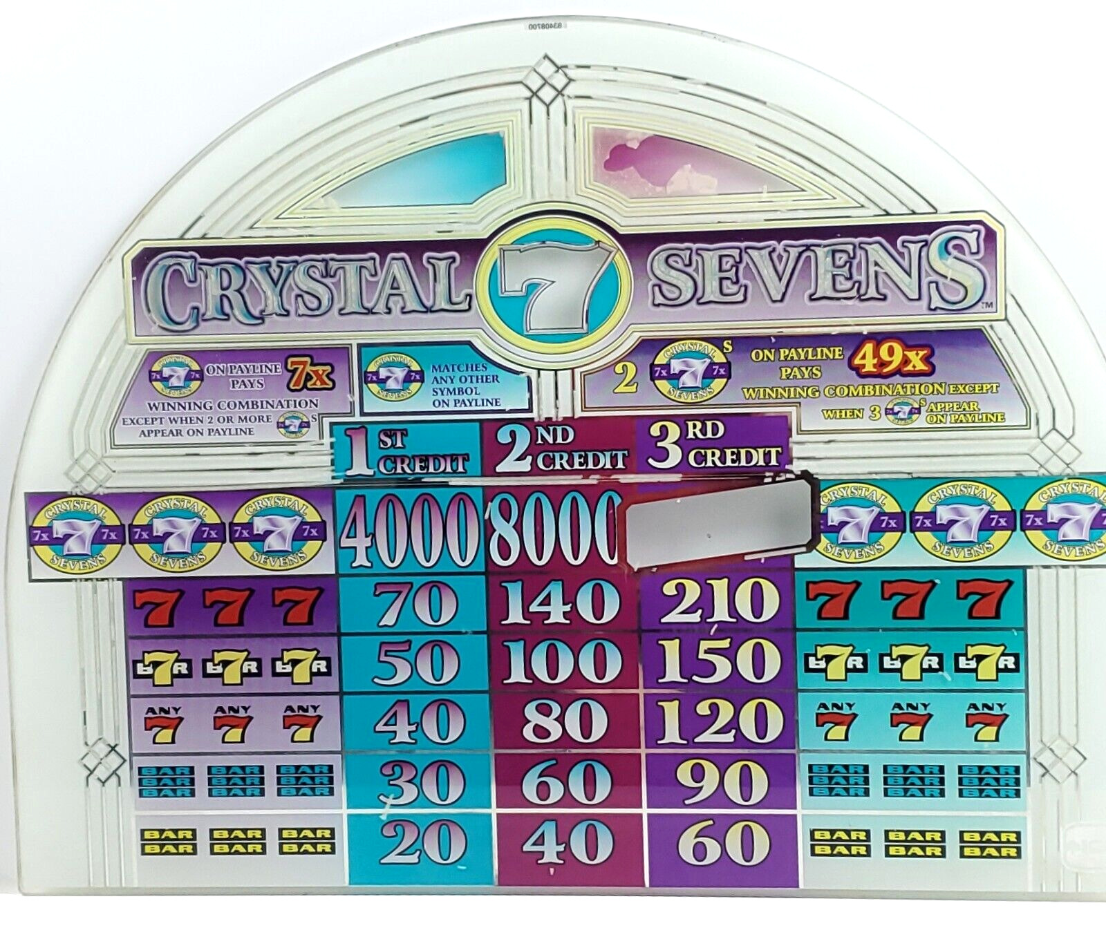 CRYSTAL SEVENS  Casino Slot Machine TOP ROUND Glass PAYOUT Panel Authentic IGT