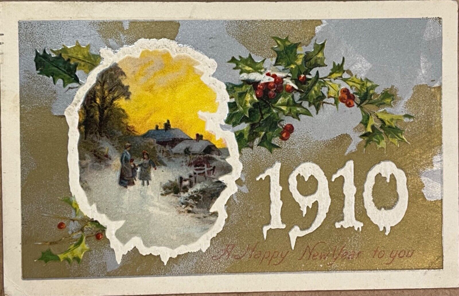 New Year Cottage Scene Antique Embossed Postcard 1910