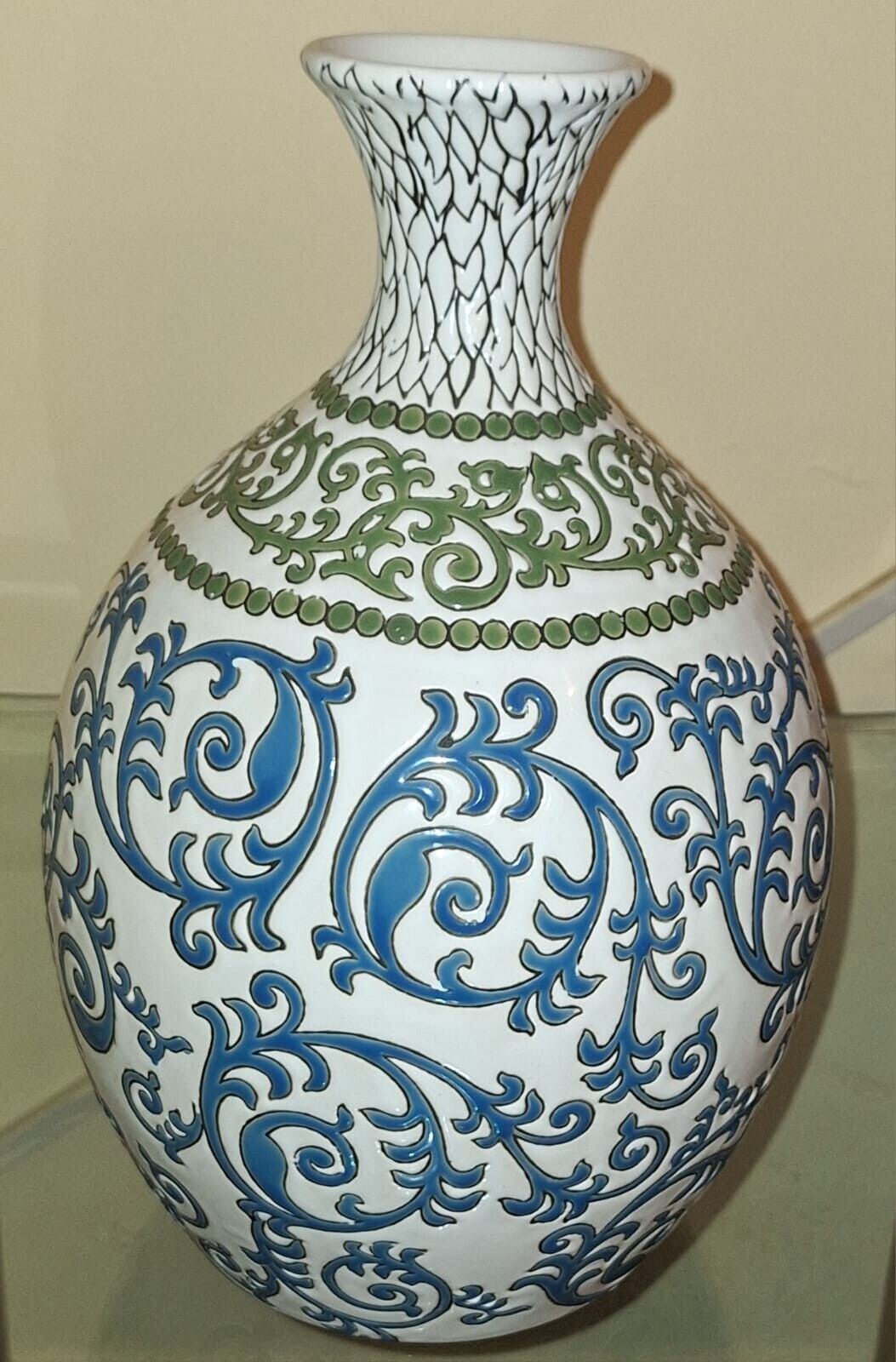 Beautiful Vintage Hand painted Blue and green and white Vase