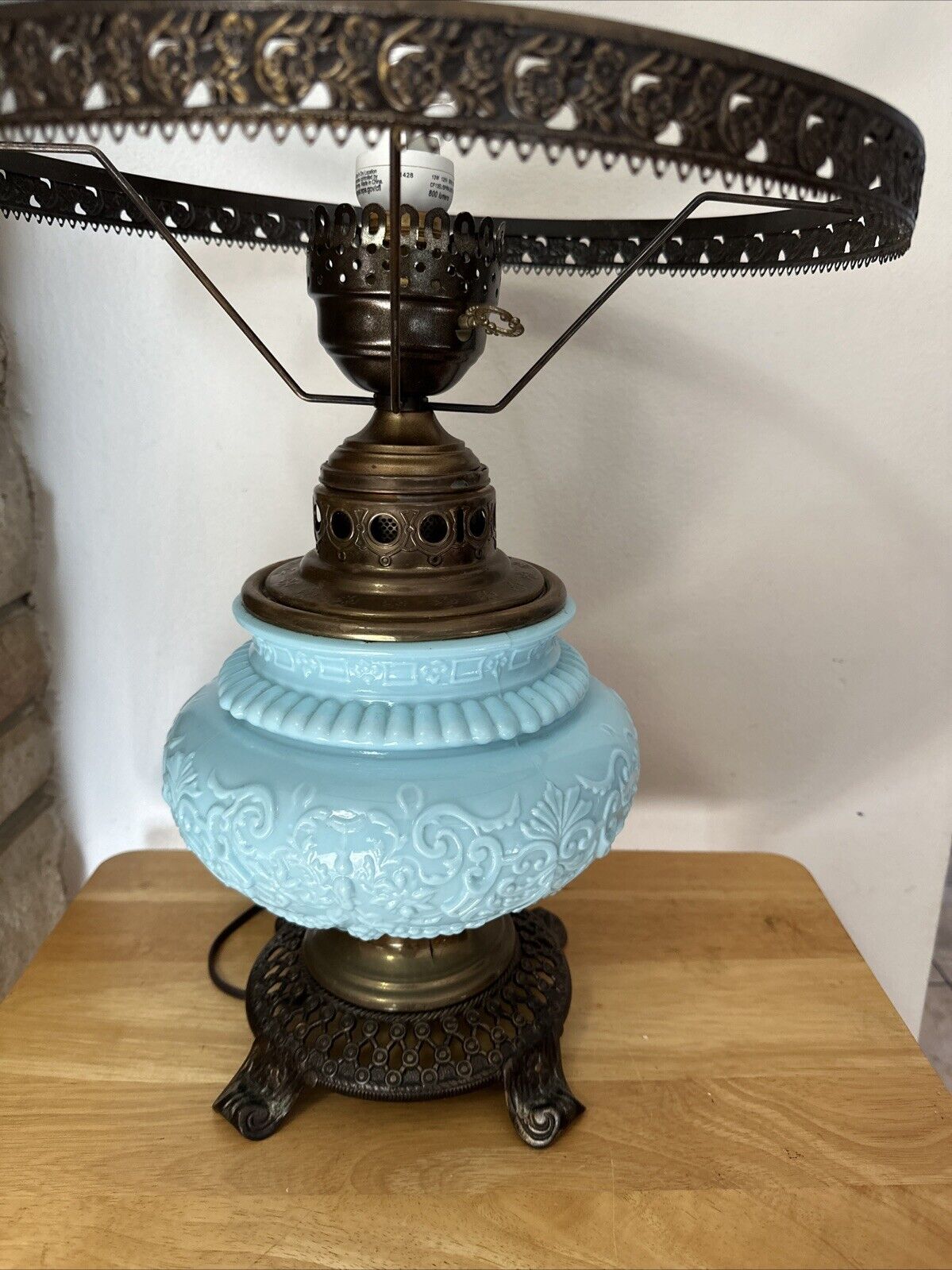Fenton? Blue Satin Embossed Blue Glass Gone w/ the Wind Lamp Vintage Base ONLY