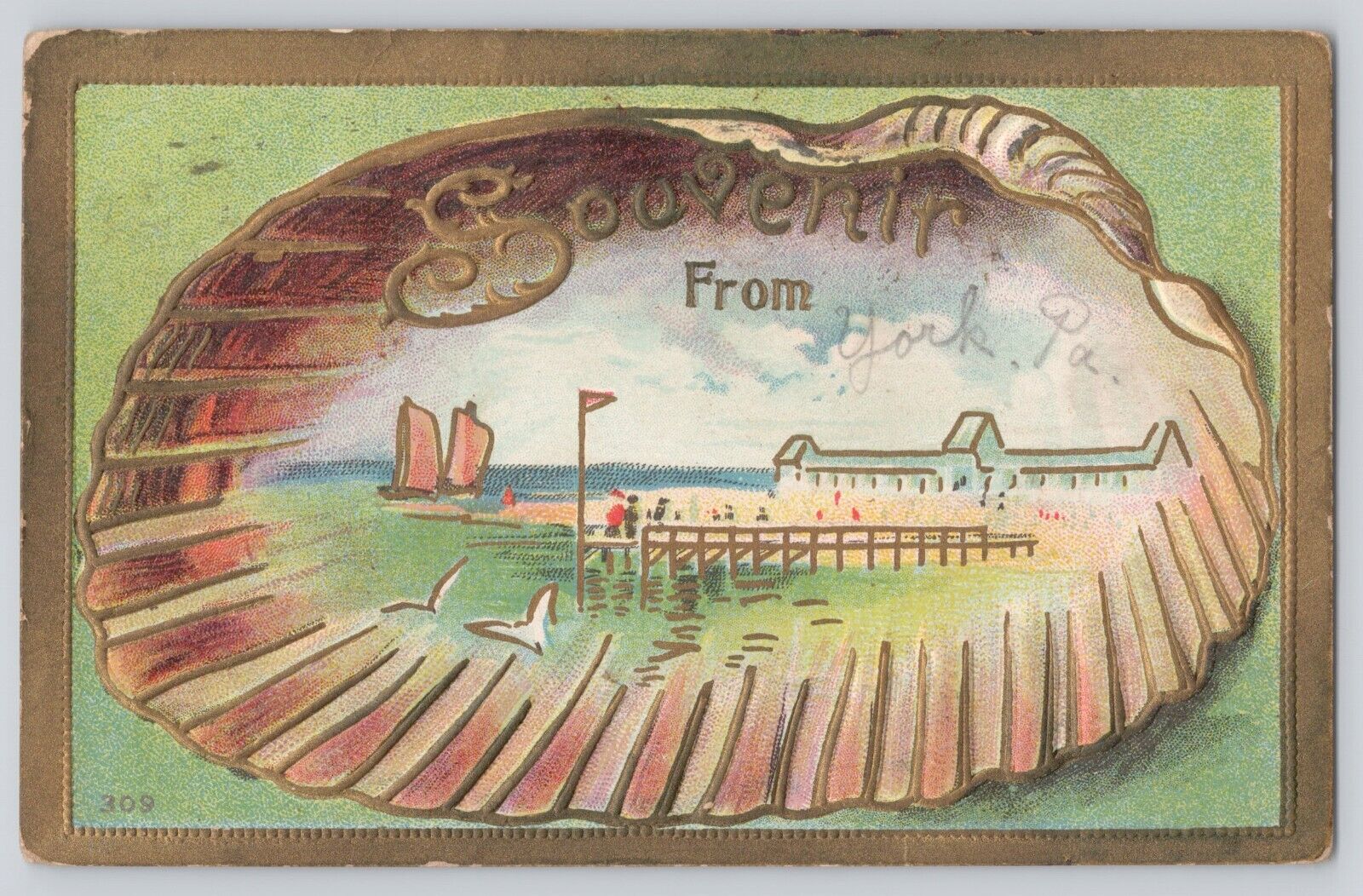 Postcard Pennsylvania York Souvenir Sea Shell Embossed Vintage Antique 1914