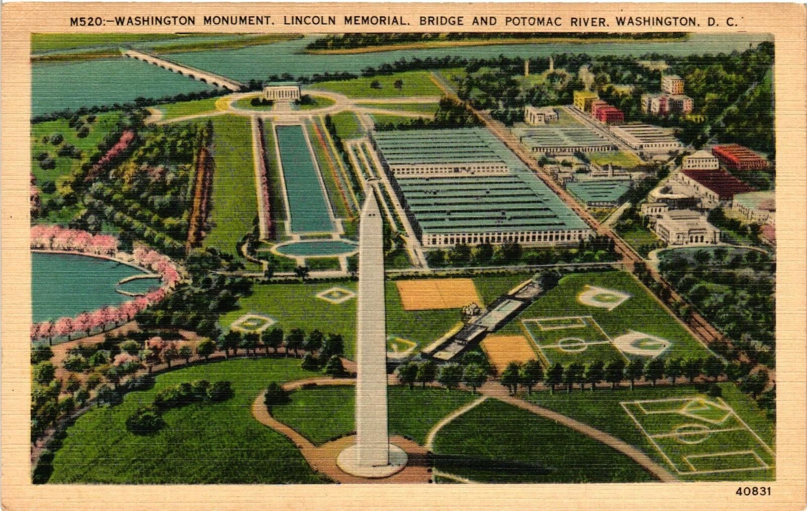 VTG Postcard- 40831. WASHINGTON MONUMENT, LINCOLN MEMORIAL. BRID. Unused 1930
