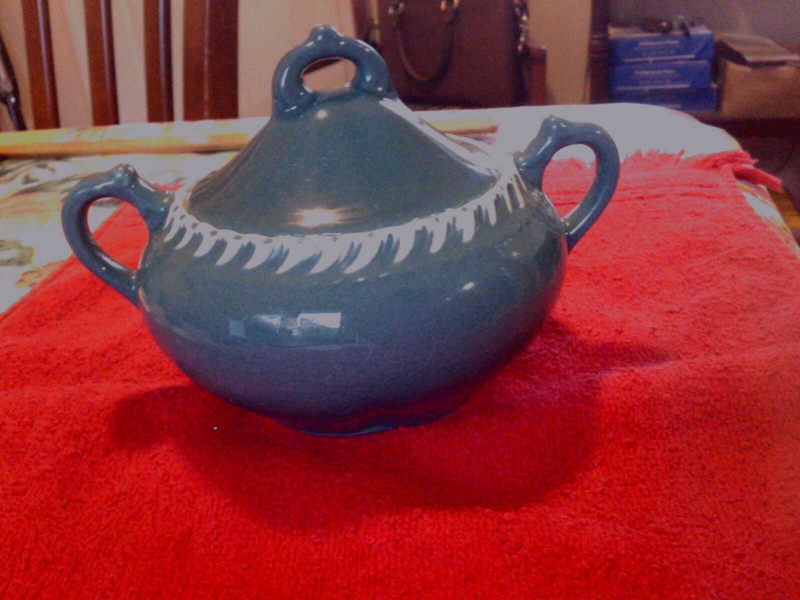 Vintage Harkerware Pottery Covered Sugar Bowl Teal Green White Trim