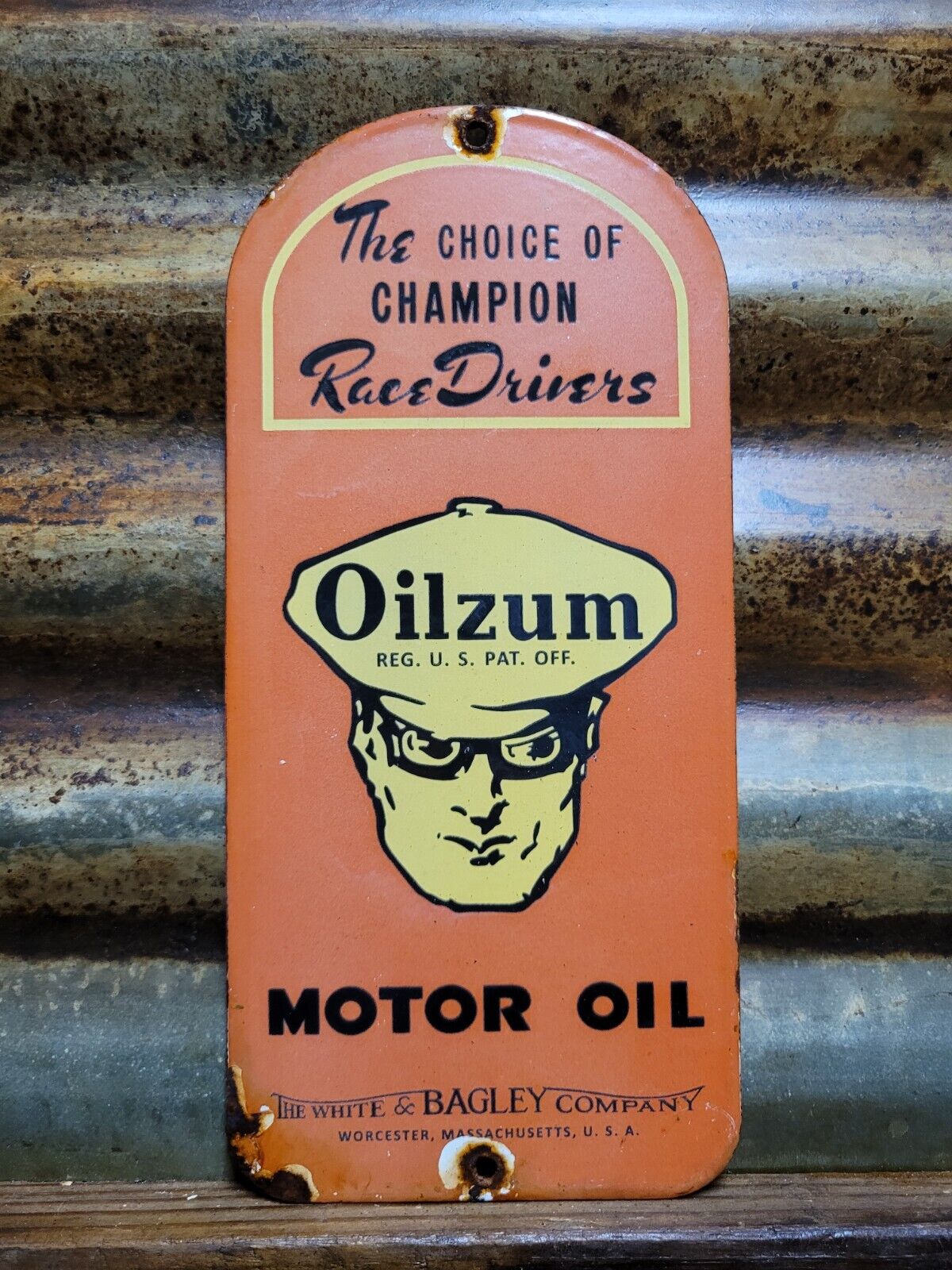 VINTAGE OILZUM PORCELAIN SIGN 1962 OLD MOTOR OIL WHITE BAGLEY COMPANY DOOR PUSH