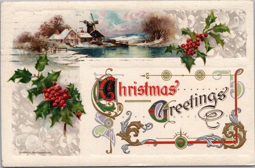 Vintage CHRISTMAS GREETINGS Embossed Postcard Winter Windmill Scene 1910 Cancel
