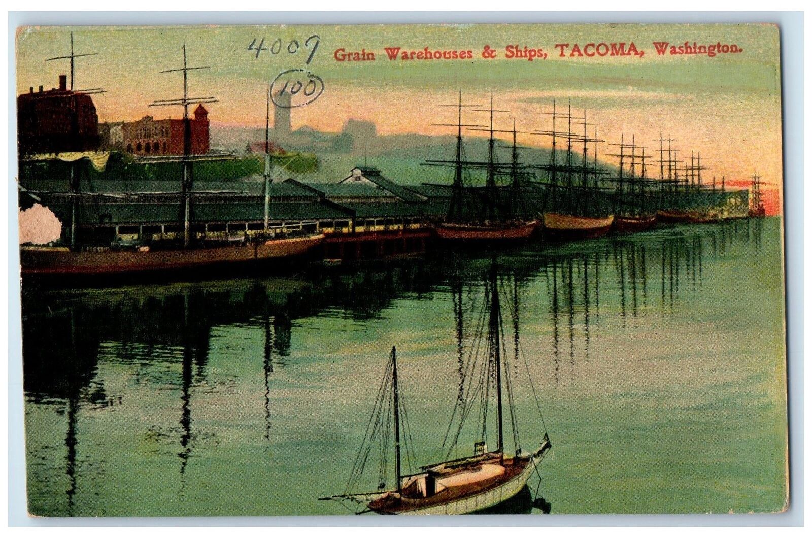 c1950's Grain Warehouses Ships Sailboat Building Tacoma Washington WA Postcard