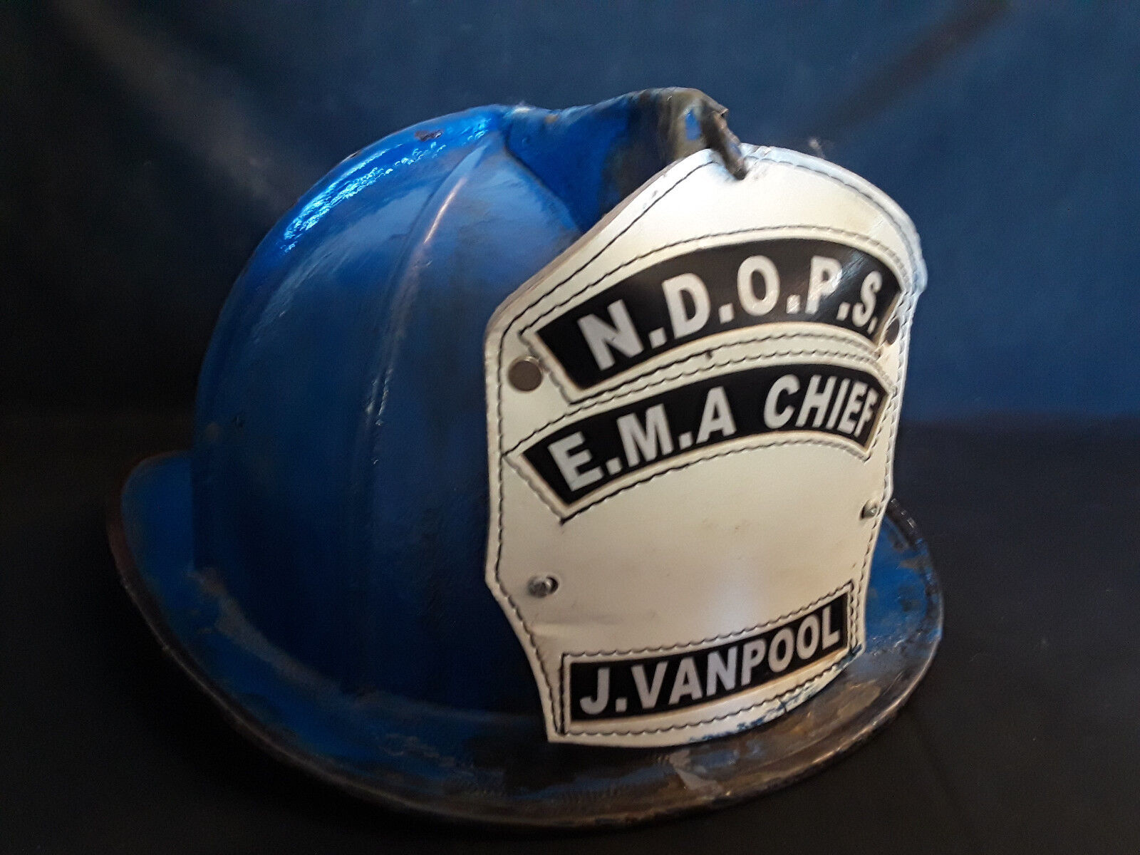 Old Vtg Fire Co Fire Department Fireman Helmet N.D.O.P.S. E.M.A Chief J.Vanpool