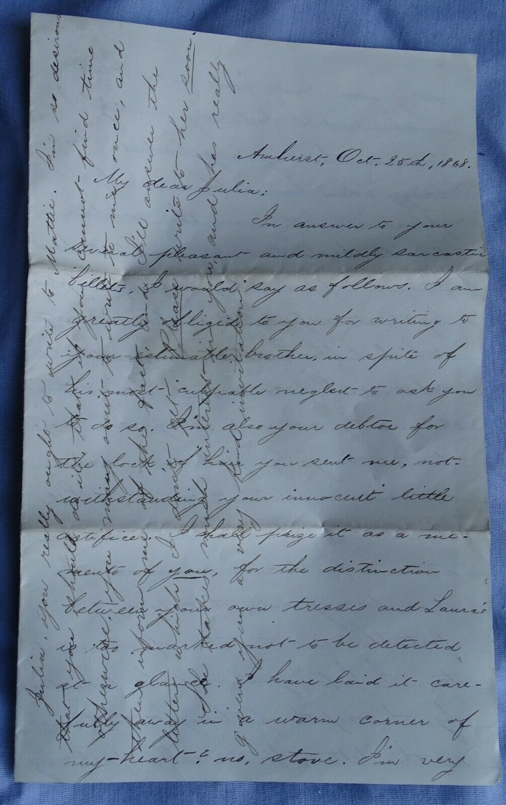 Amherst MA. October 25, 1868 hand written 4-page letter between brother sister