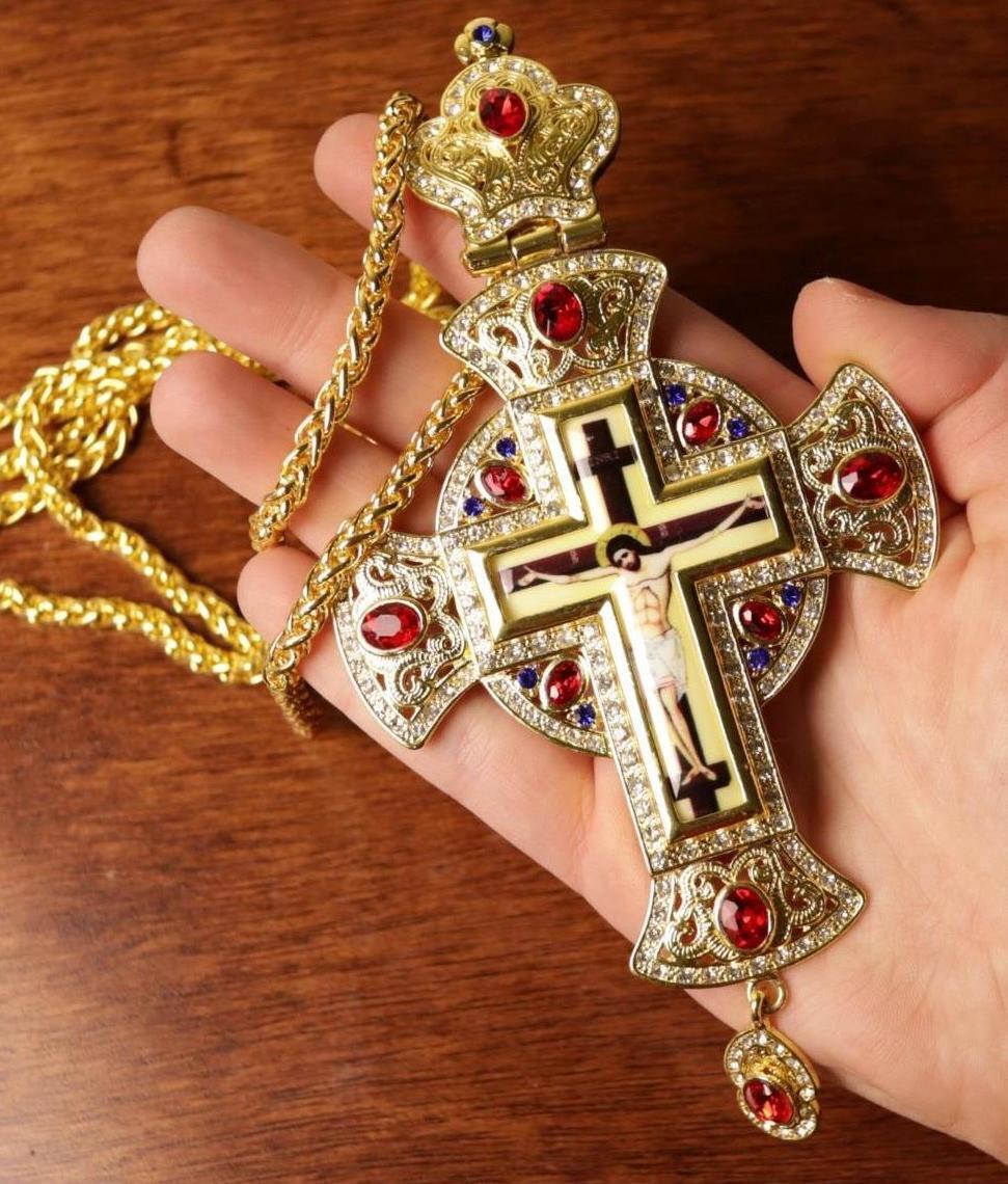 Encrusted Gold Plated Byzantine Christian Priest Pectoral Cross Bishop 39 Inch