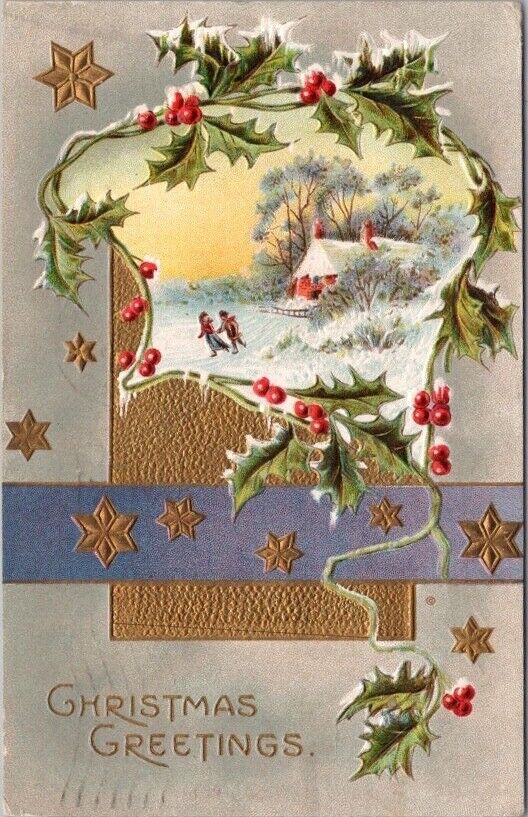 Vintage CHRISTMAS GREETINGS Embossed Postcard Winter House Scene - 1910 Cancel