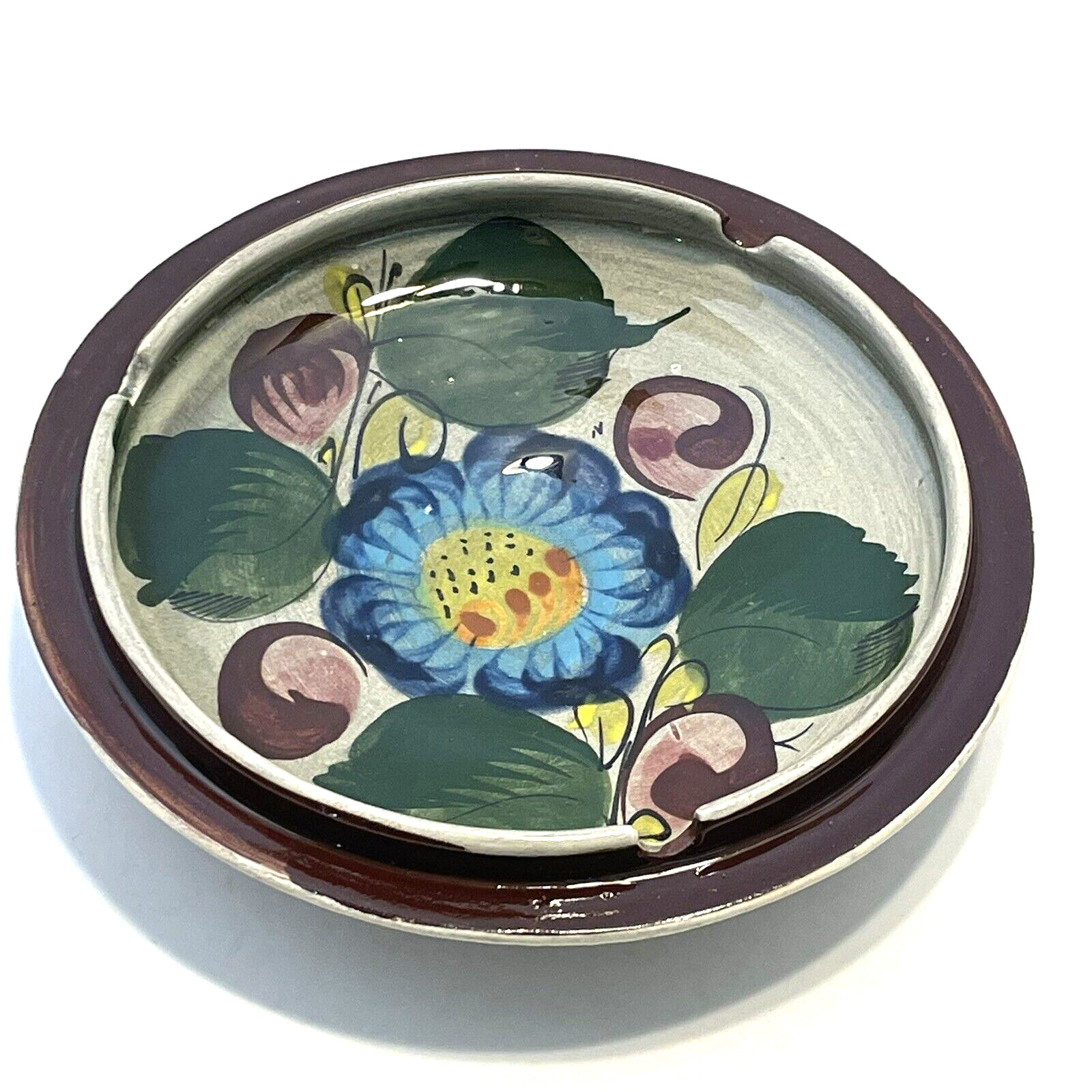 Vintage Pottery Ashtray Round Colorful Floral Hand Painted Made in Mexico 3 Slot