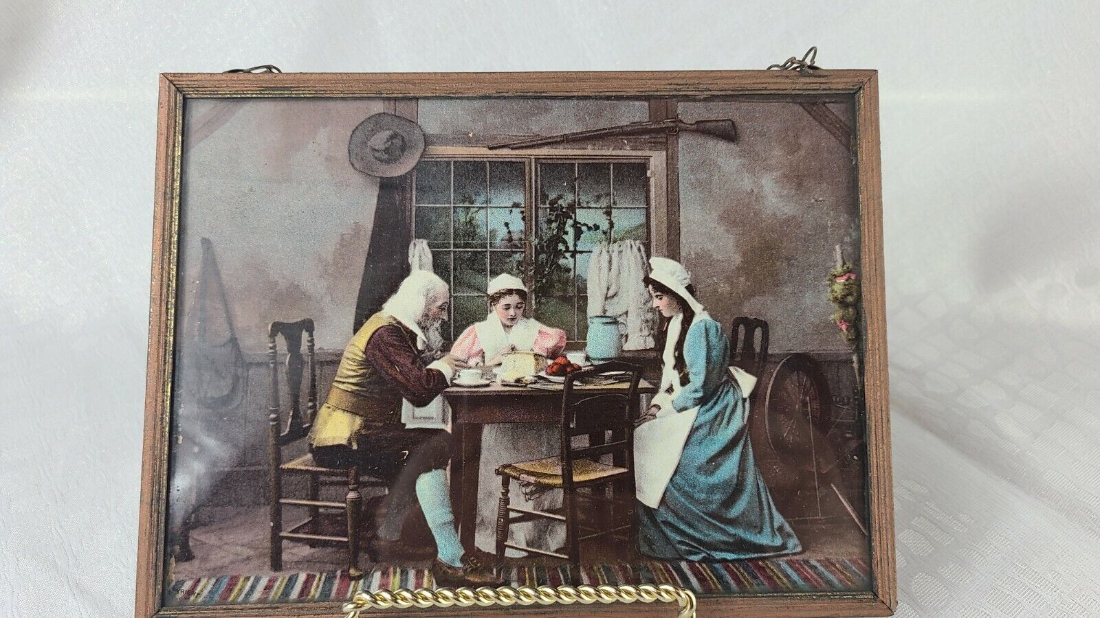 Antique Litho Print 1898 Family Praying At Table Framed 8\