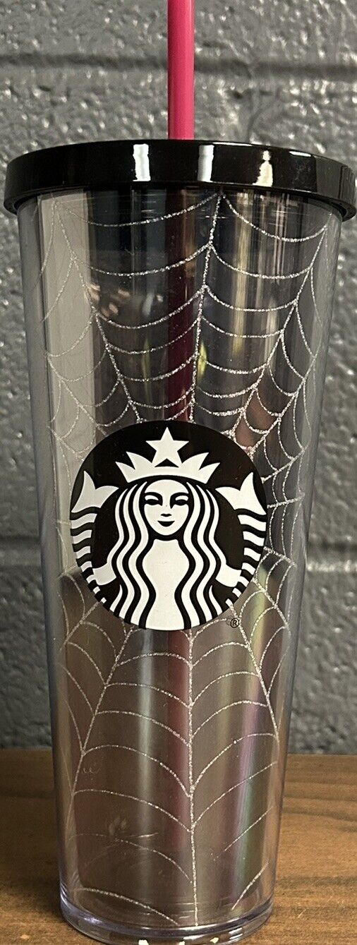 Starbucks 2019 Fall 24 Oz Tumbler Cold Cup Halloween Silver Glitter Spider Web.