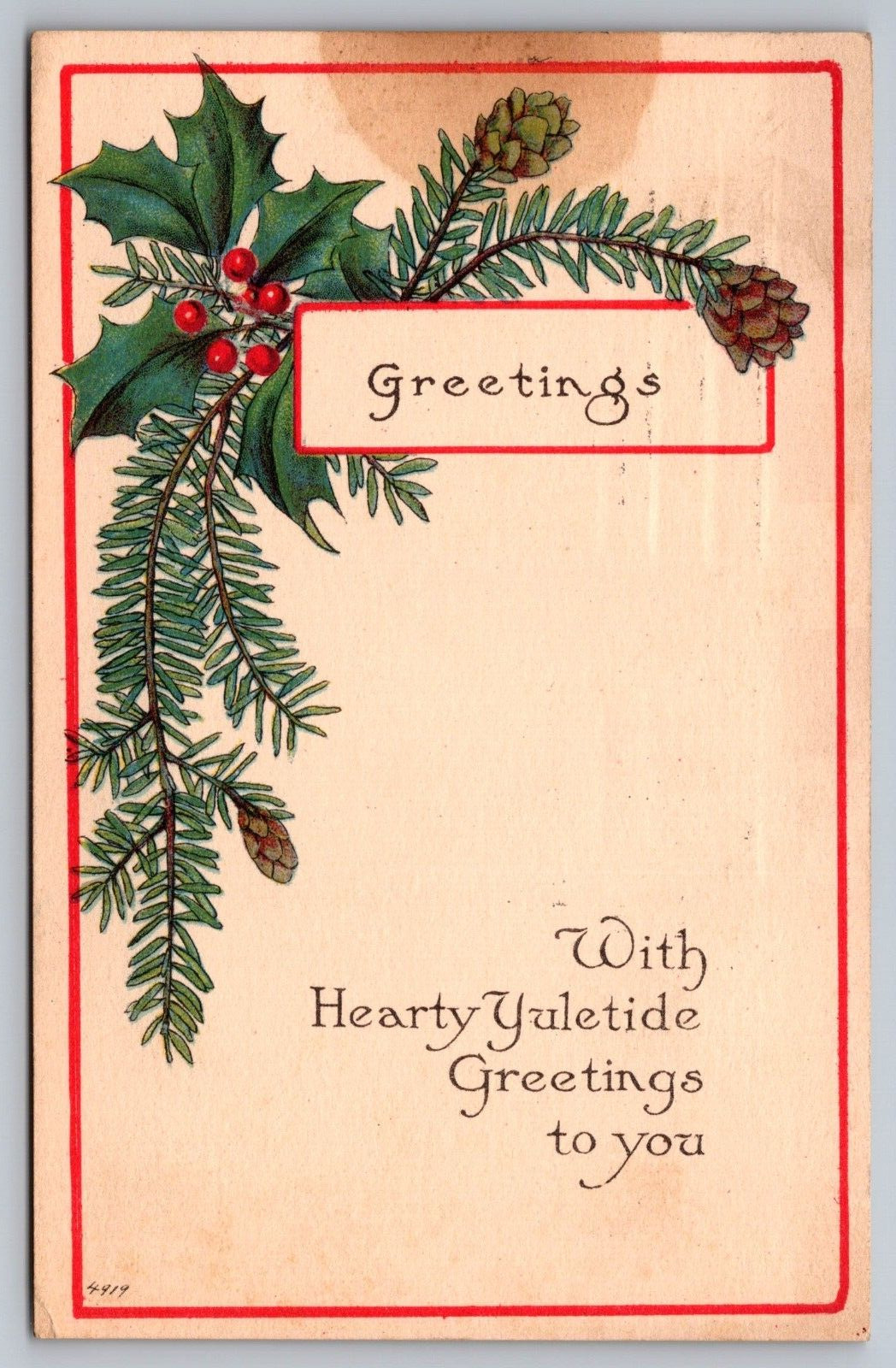 Christmas Greetings Antique Postcard c1915 (Stained but Rare)