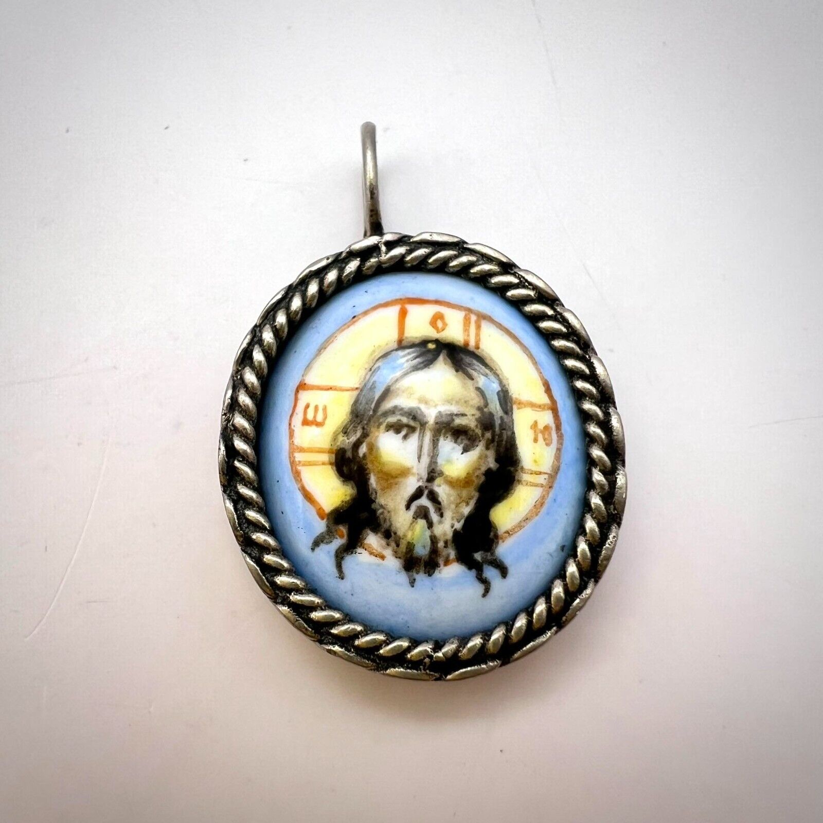 VINTAGE SILVER 925 CHRISTIAN Jewelry Pendant Icon Enamel Porcelain Jesus Christ