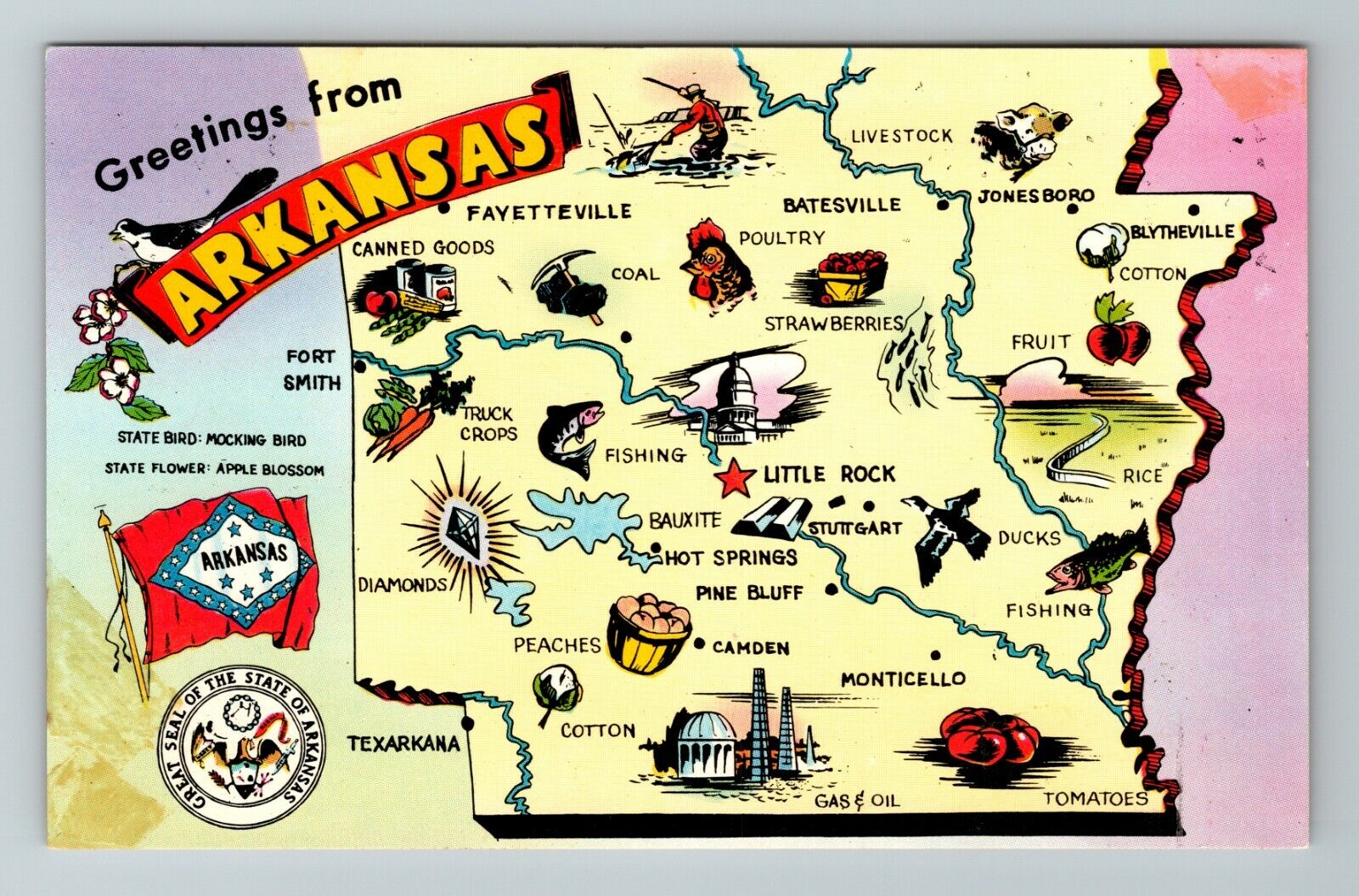 AR-Arkansas, Greetings View Map, Landmarks, Vintage Postcard