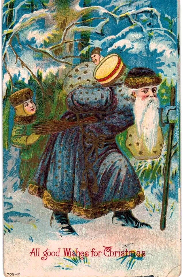 Long Blue Robe Santa Claus in Snow with Child~Toys~1910~Christmas Postcard~h917