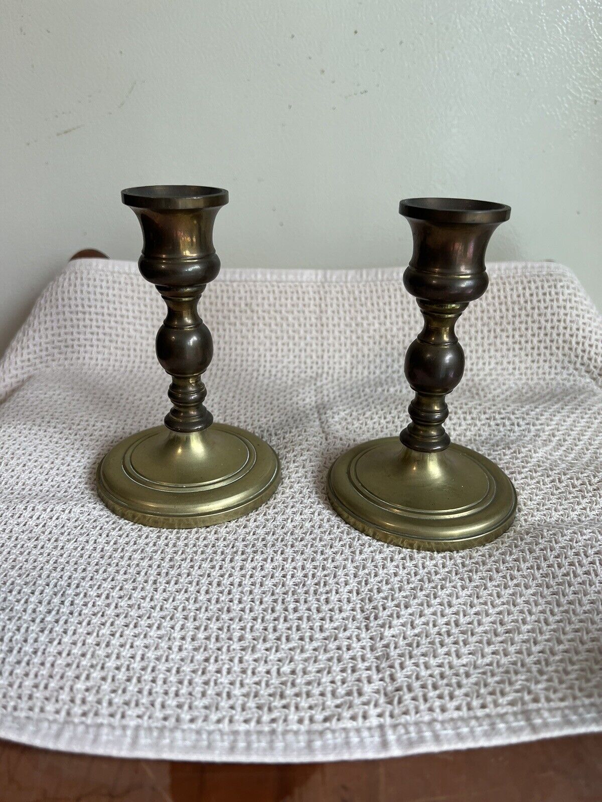Vintage Pair Of Solid Brass  Tapered Candle Stick Holders 5” Tall Matching Set