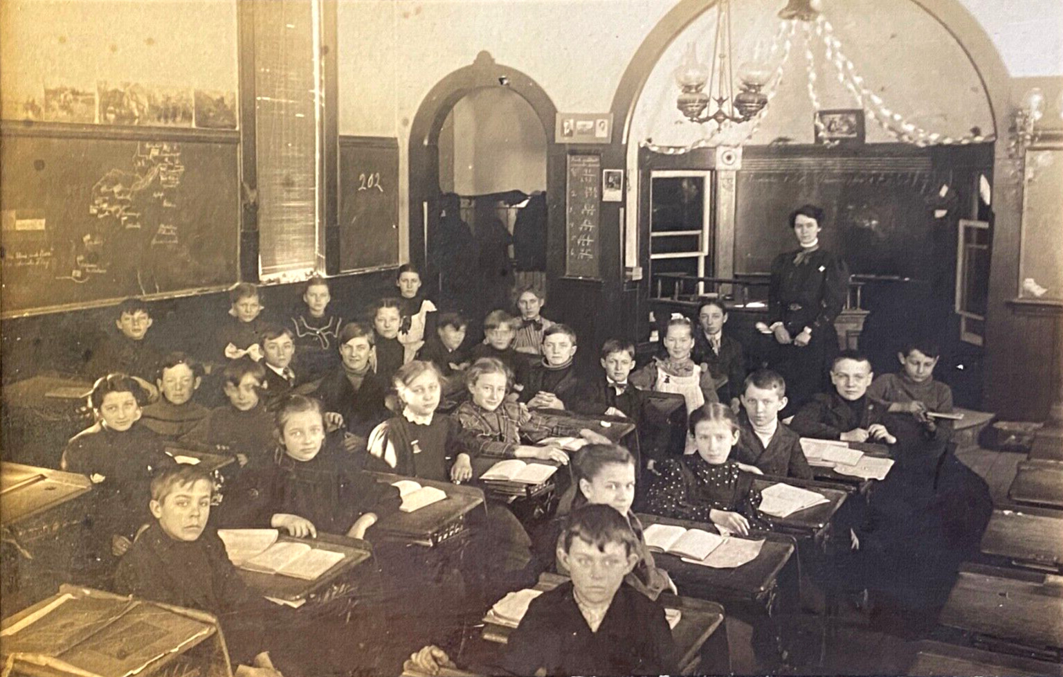 1890s OLD-TIMEY CLASSROOM antique 8x10 mounted photo ELEMENTARY GRADE SCHOOL