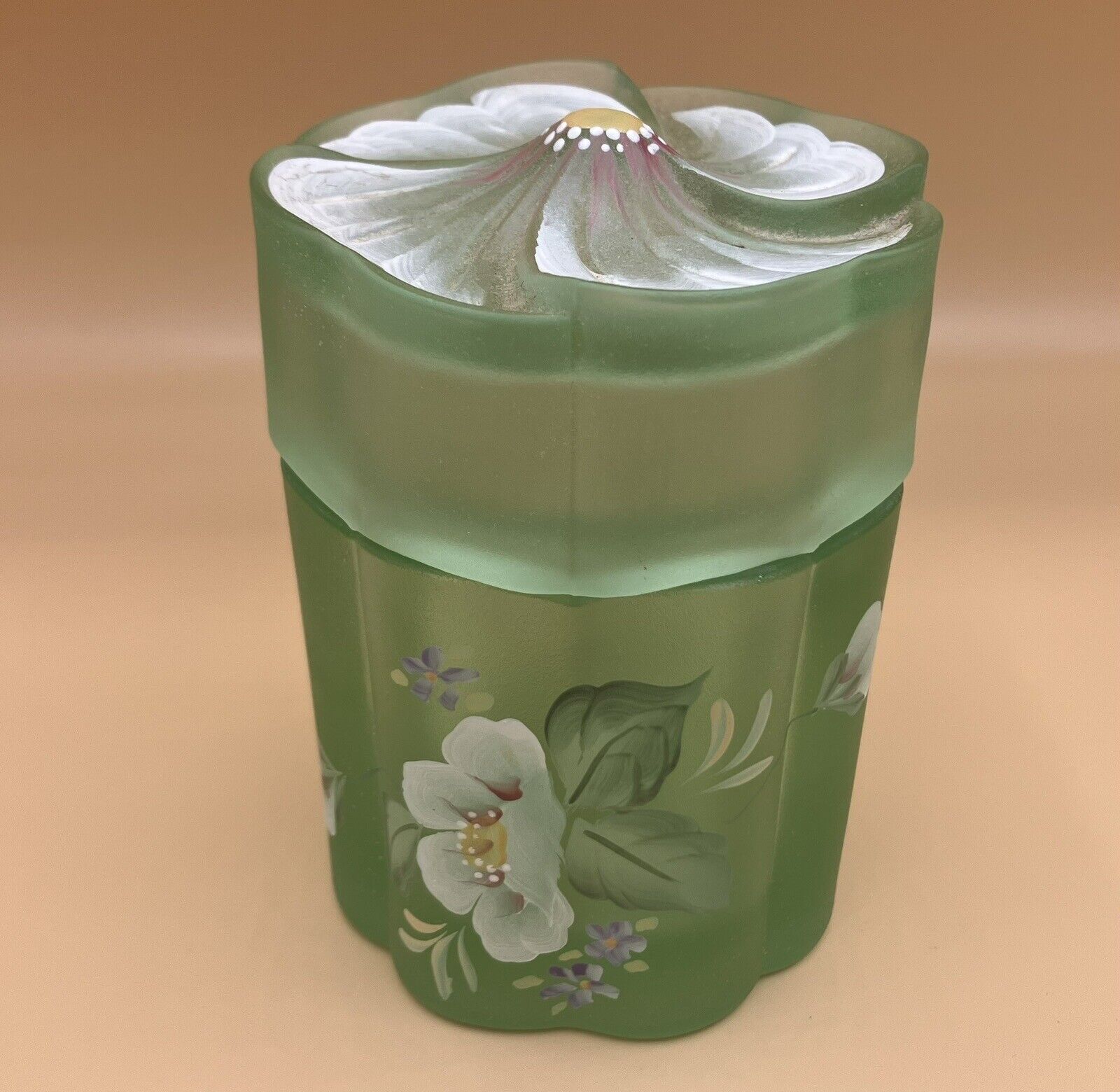 Fenton Green Satin Glass Boudoir Vanity Jar with Lid Hand Painted Artist Signed
