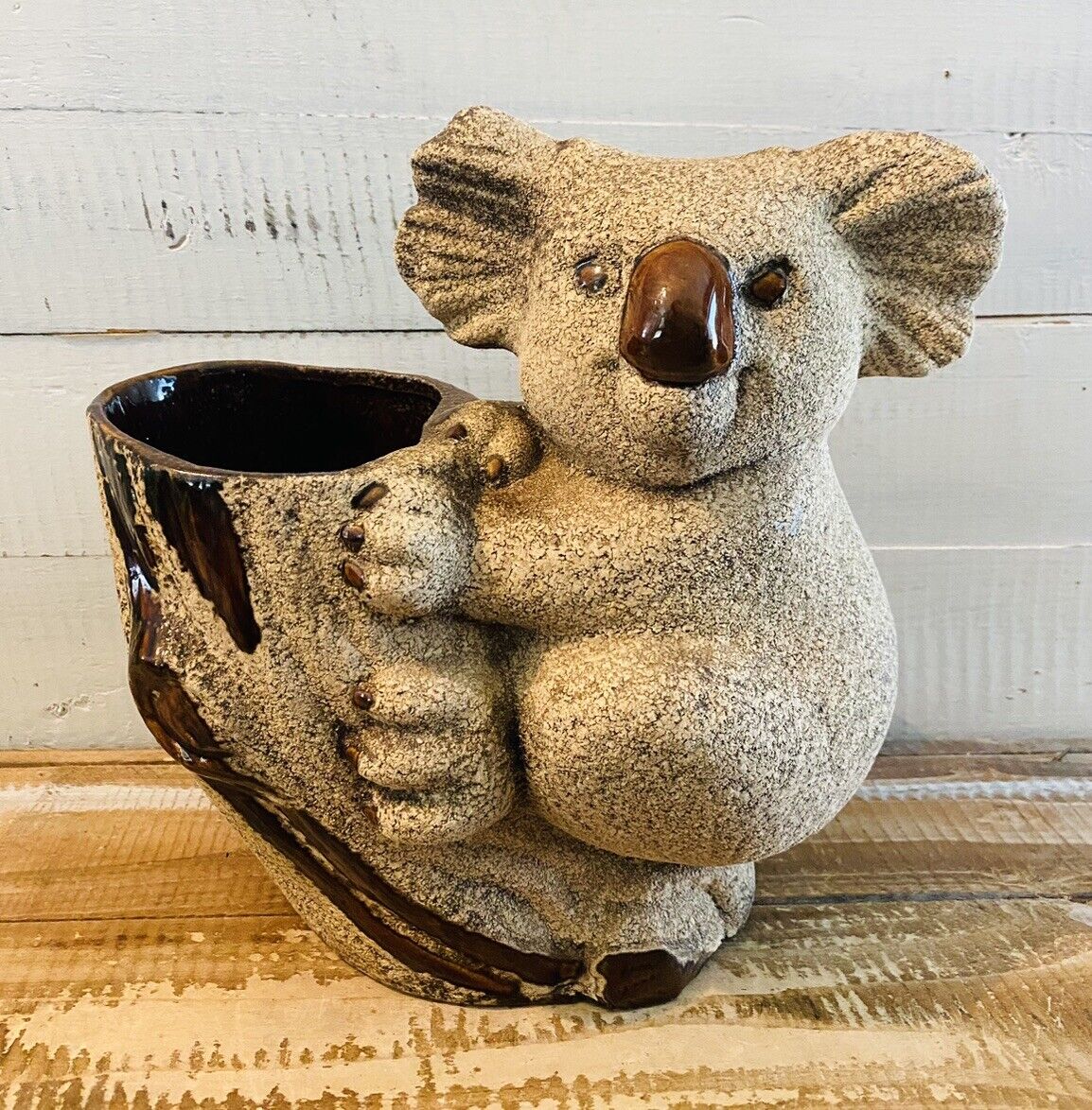 Vintage Royal Haeger 1970's Koala Bear Tree Stump Sandstone Planter Vase Ceramic